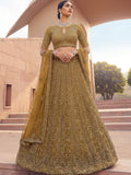 Beautiful Golden Heavy Embroidered Net Bridal Lehenga Choli With Dupatta