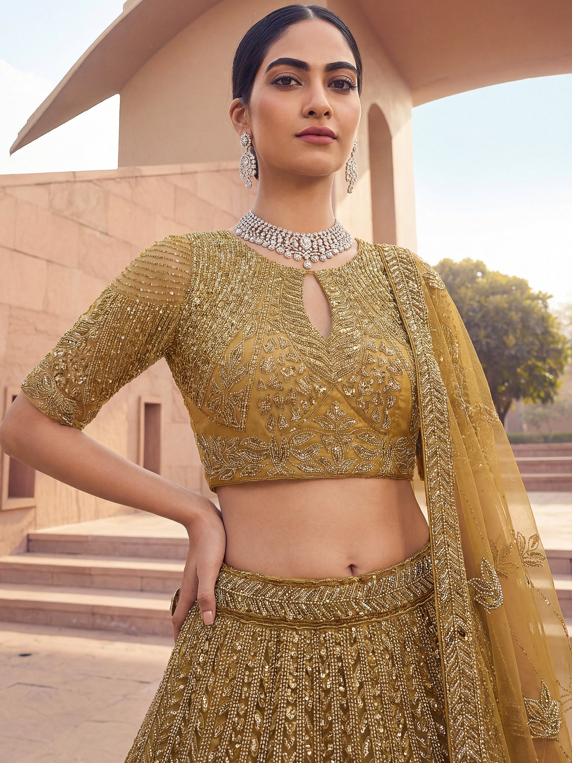 Beautiful Golden Heavy Embroidered Net Bridal Lehenga Choli With Dupatta