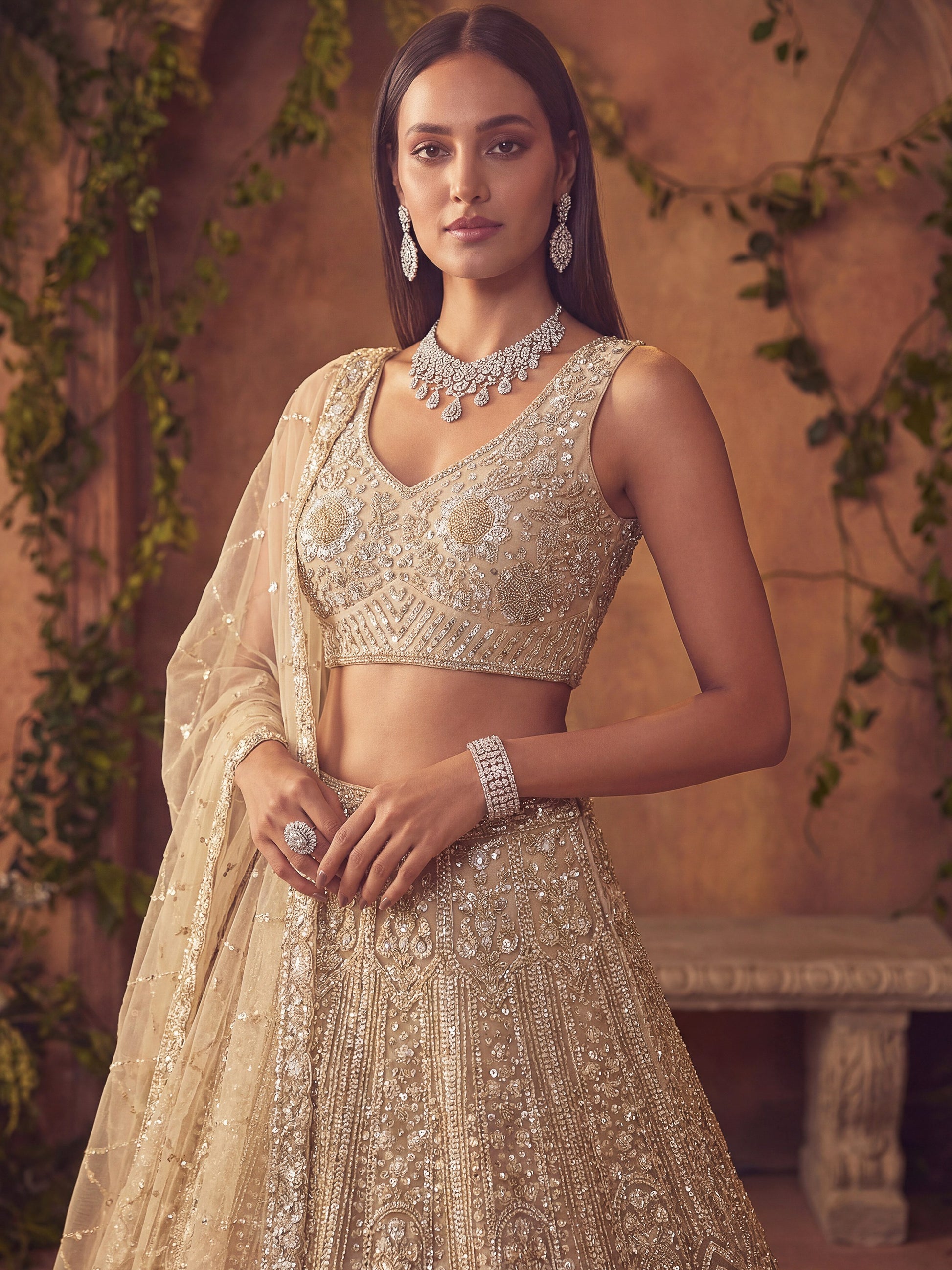 incredible Beige Hand Work Net Sangeet Wear Lehenga Choli With Dupatta
