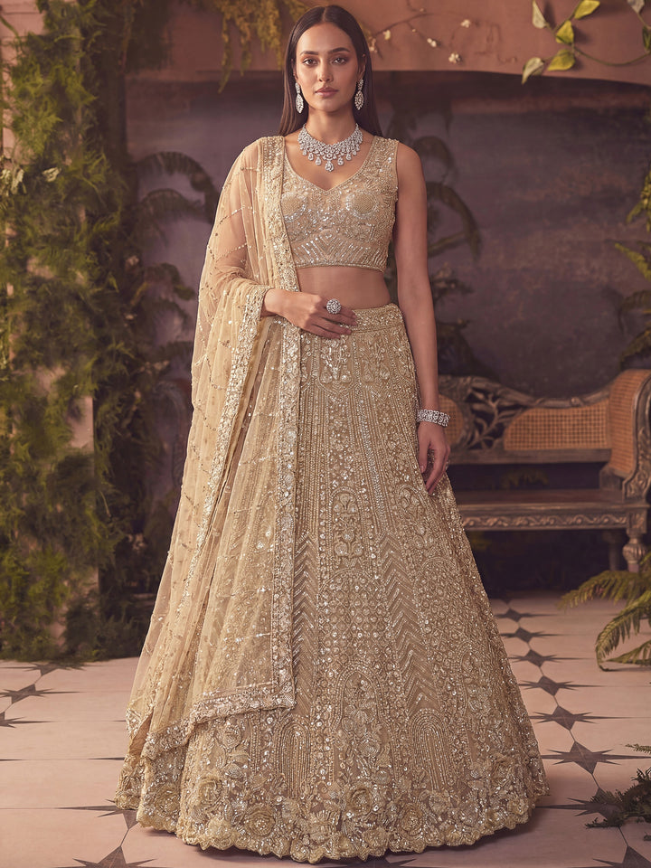incredible Beige Hand Work Net Sangeet Wear Lehenga Choli With Dupatta