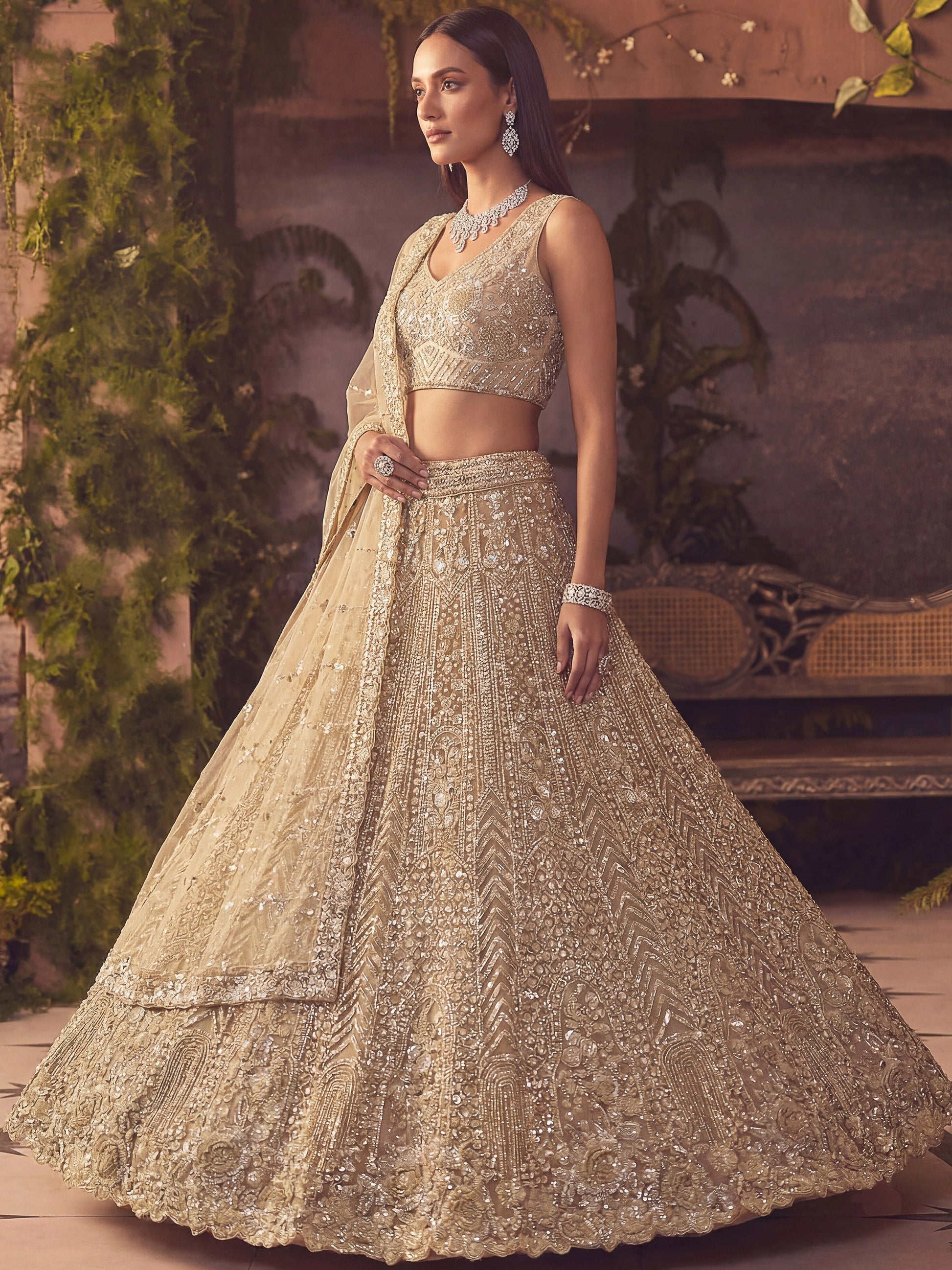 incredible Beige Hand Work Net Sangeet Wear Lehenga Choli With Dupatta