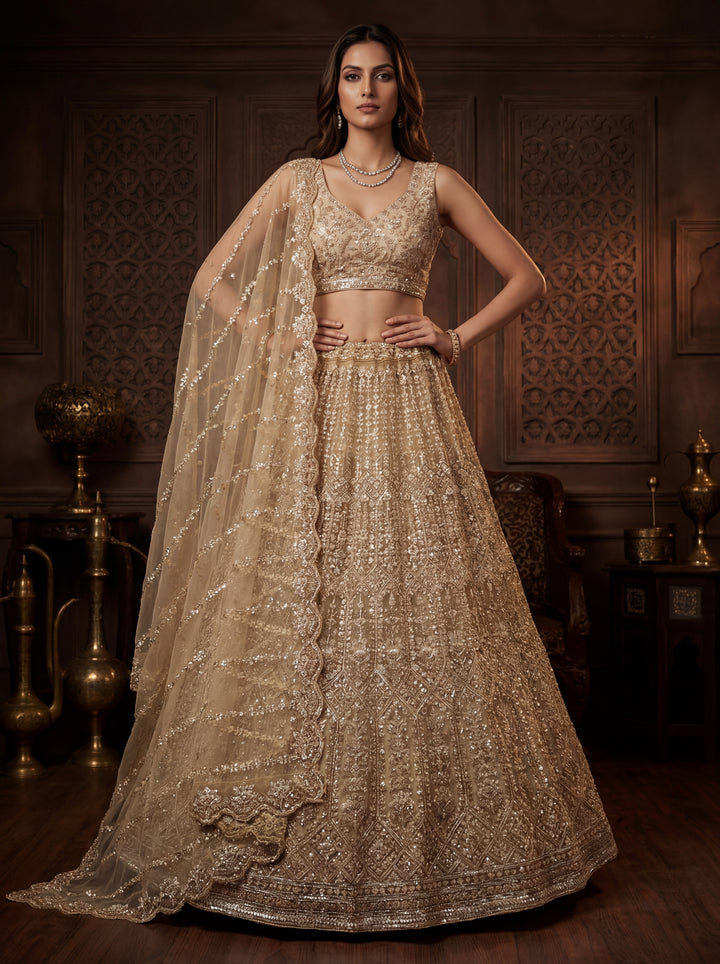 Sparkling Golden Hand Embroidery Net Reception Wear Lehenga Choli
