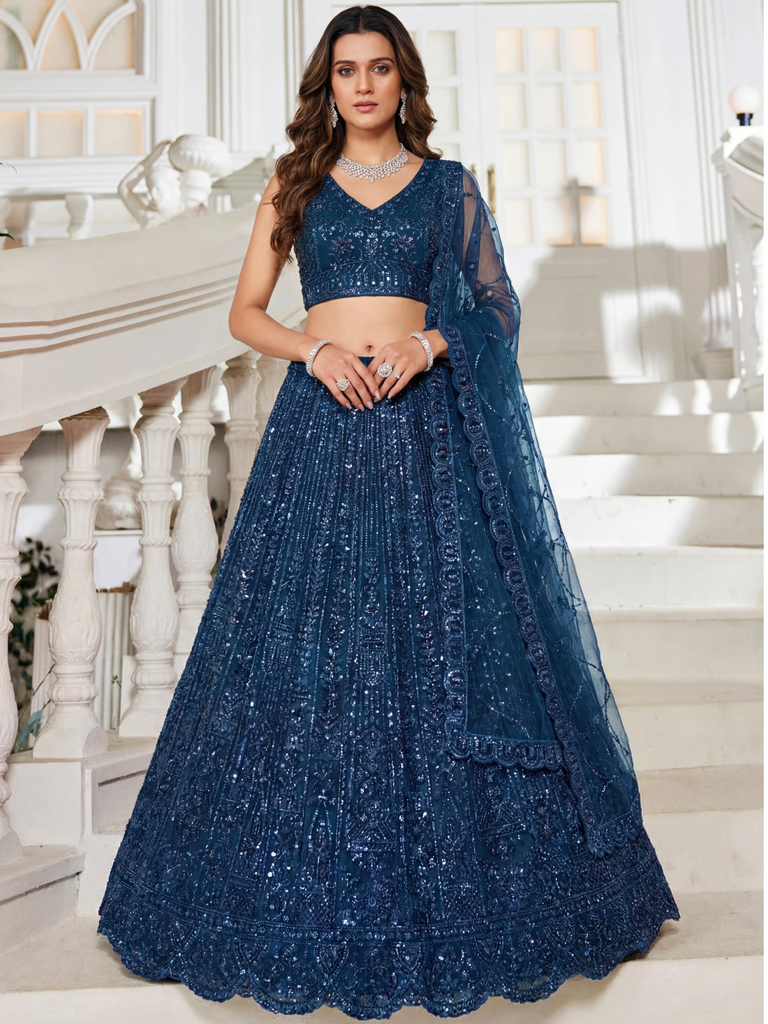 Sparkling Teal Blue Sequins Embroidery Net Reception Wear Lehenga With Blouse