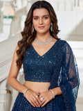 Sparkling Teal Blue Sequins Embroidery Net Reception Wear Lehenga With Blouse