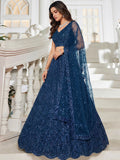 Sparkling Teal Blue Sequins Embroidery Net Reception Wear Lehenga With Blouse