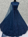 Sparkling Teal Blue Sequins Embroidery Net Reception Wear Lehenga With Blouse