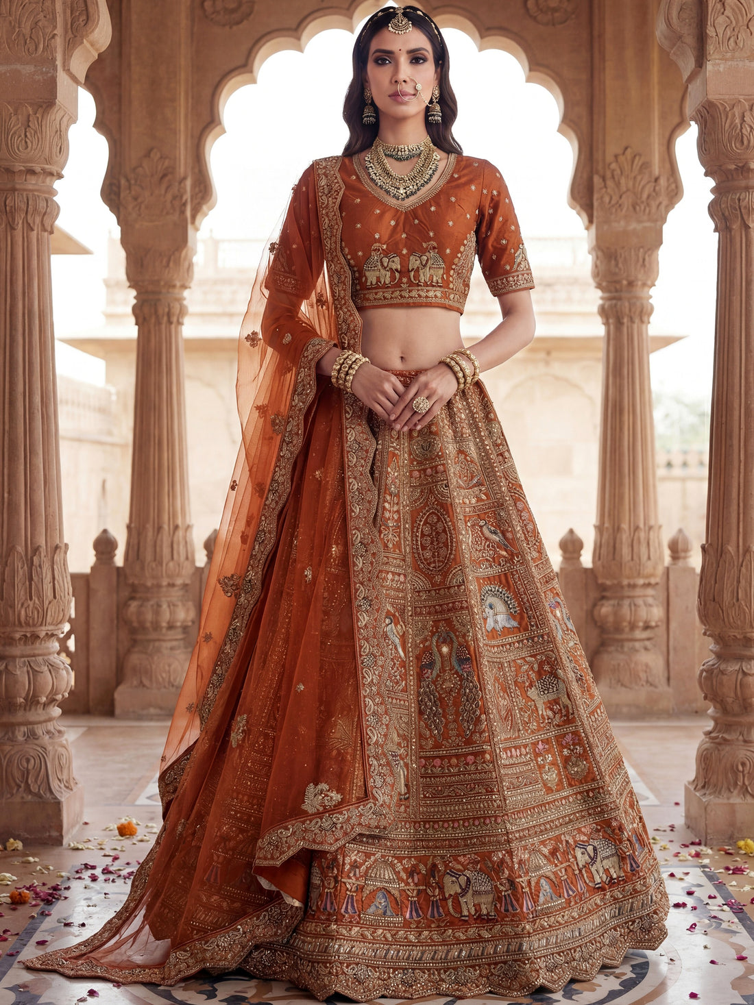 Striking Rust Orange Thread Work Silk Bridal Lehenga Choli With Double Dupatta