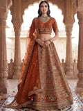 Striking Rust Orange Thread Work Silk Bridal Lehenga Choli With Double Dupatta