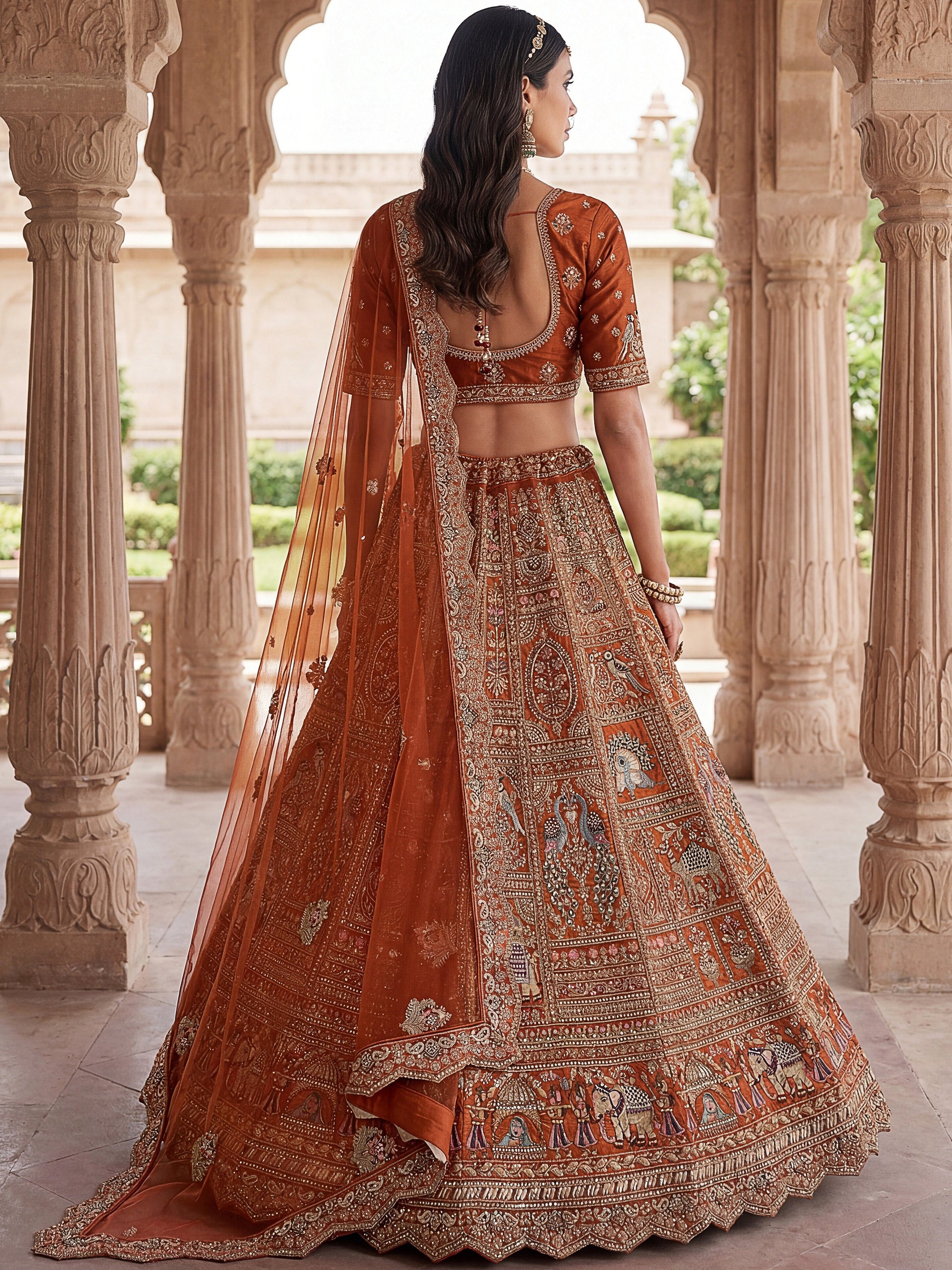 Striking Rust Orange Thread Work Silk Bridal Lehenga Choli With Double Dupatta