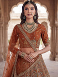 Striking Rust Orange Thread Work Silk Bridal Lehenga Choli With Double Dupatta