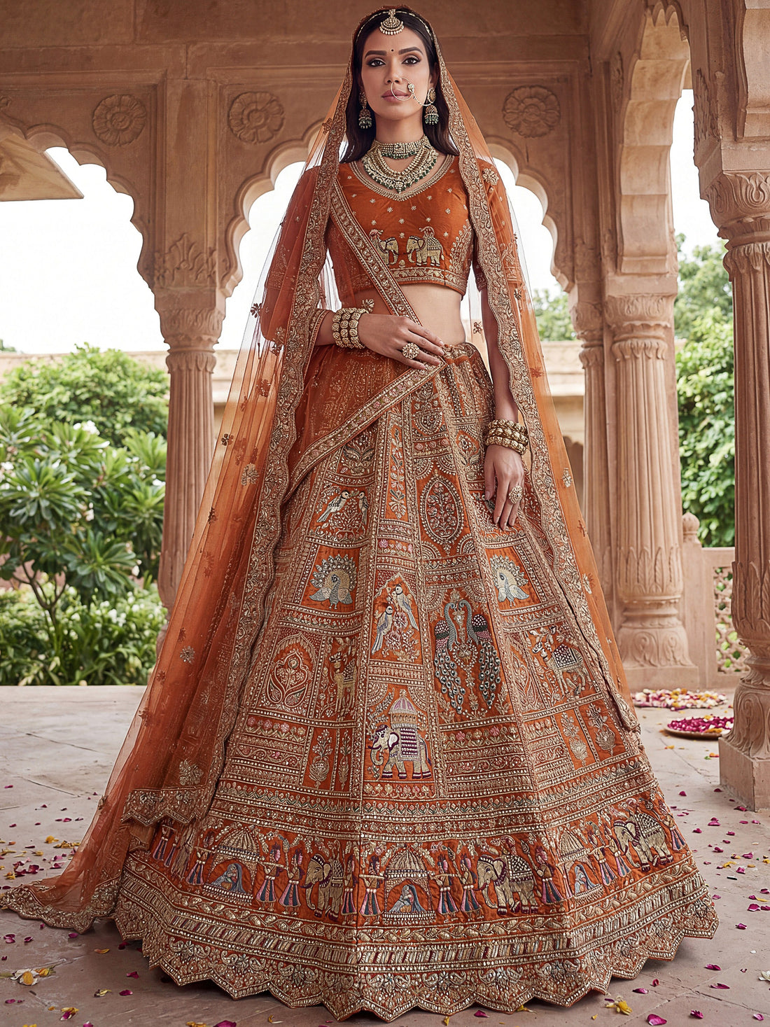 Striking Rust Orange Thread Work Silk Bridal Lehenga Choli With Double Dupatta