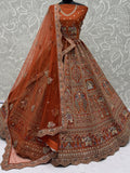 Striking Rust Orange Thread Work Silk Bridal Lehenga Choli With Double Dupatta