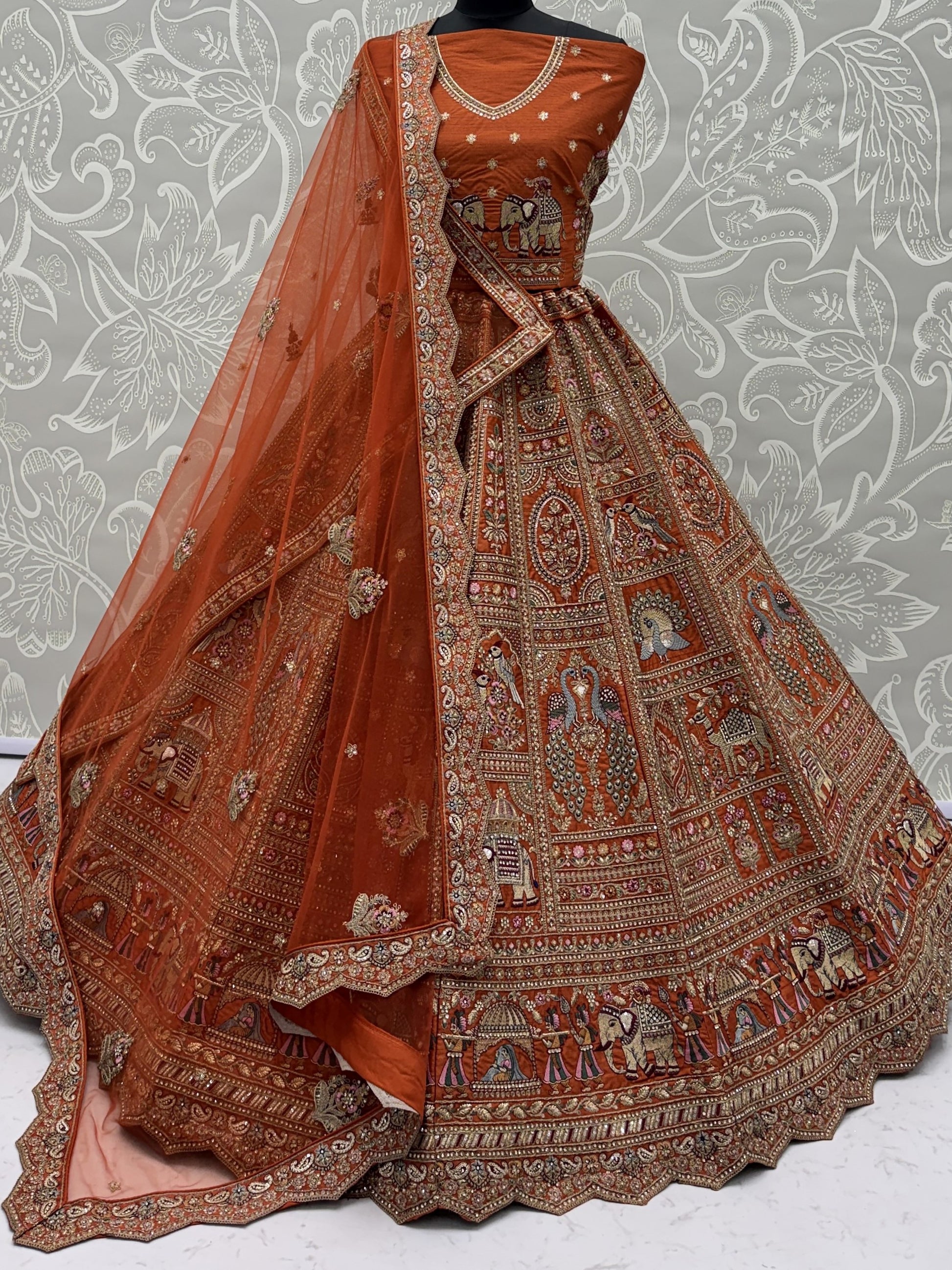 Striking Rust Orange Thread Work Silk Bridal Lehenga Choli With Double Dupatta