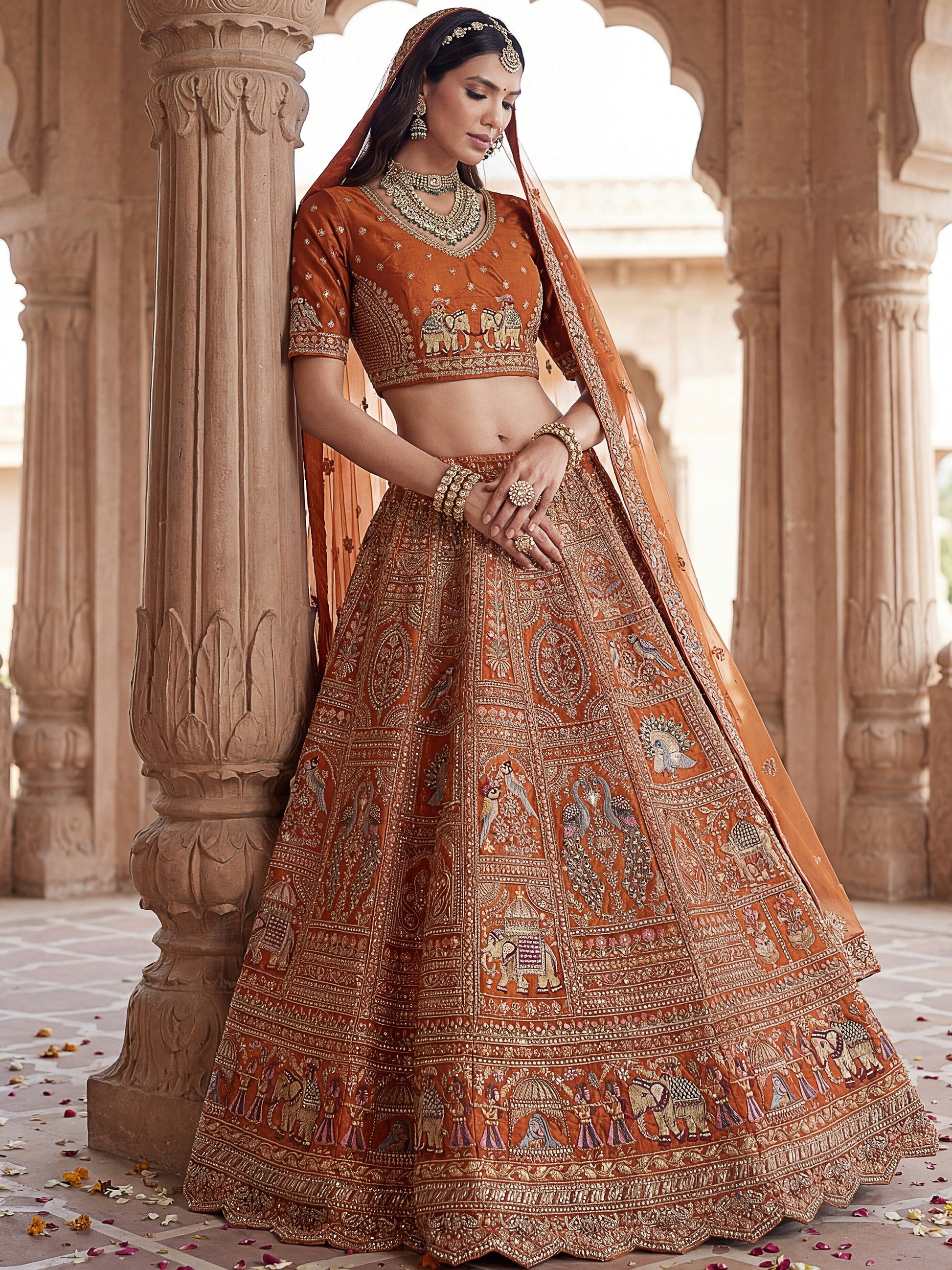 Striking Rust Orange Thread Work Silk Bridal Lehenga Choli With Double Dupatta