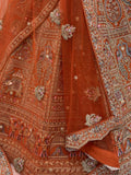 Striking Rust Orange Thread Work Silk Bridal Lehenga Choli With Double Dupatta