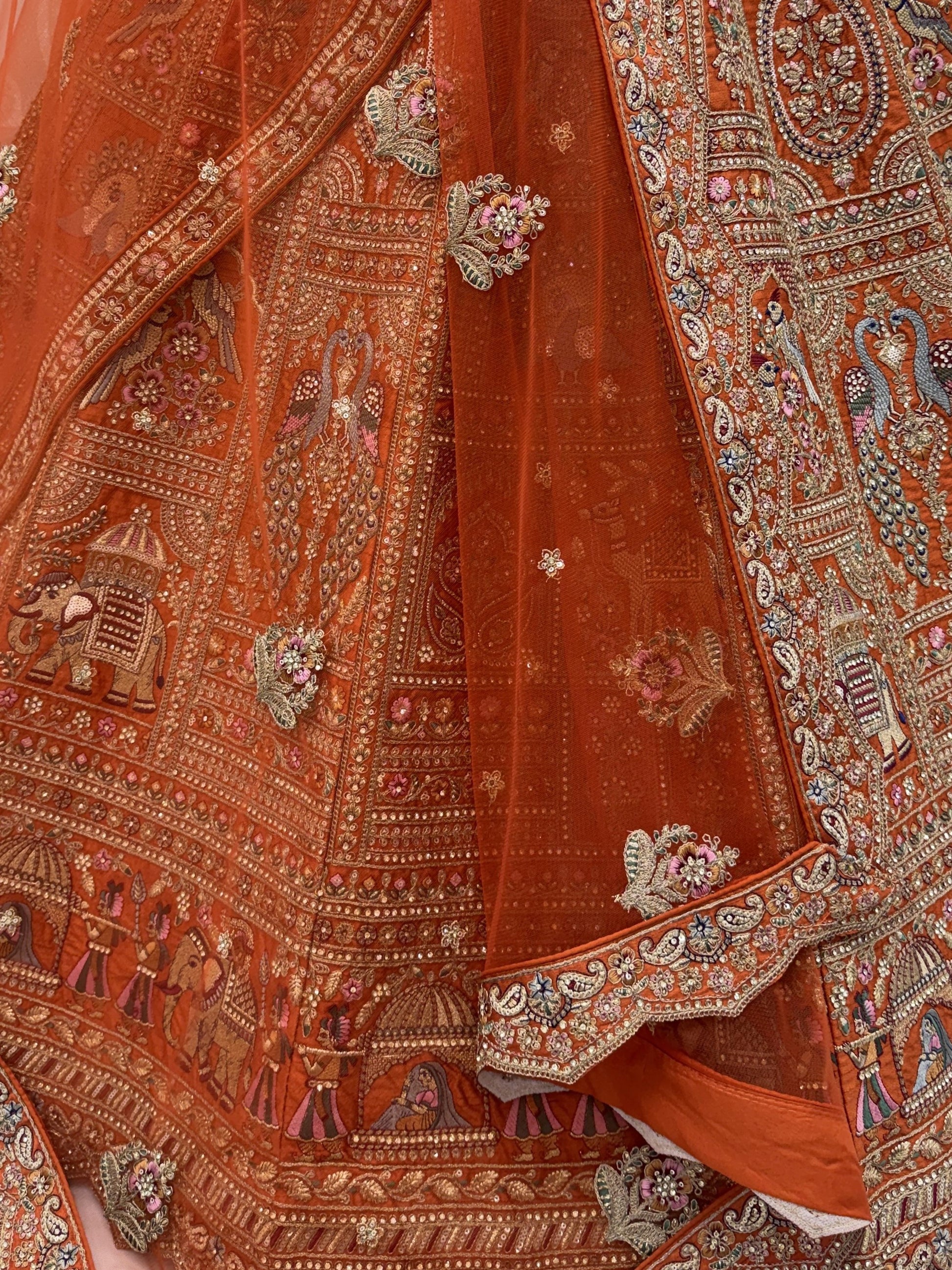 Striking Rust Orange Thread Work Silk Bridal Lehenga Choli With Double Dupatta