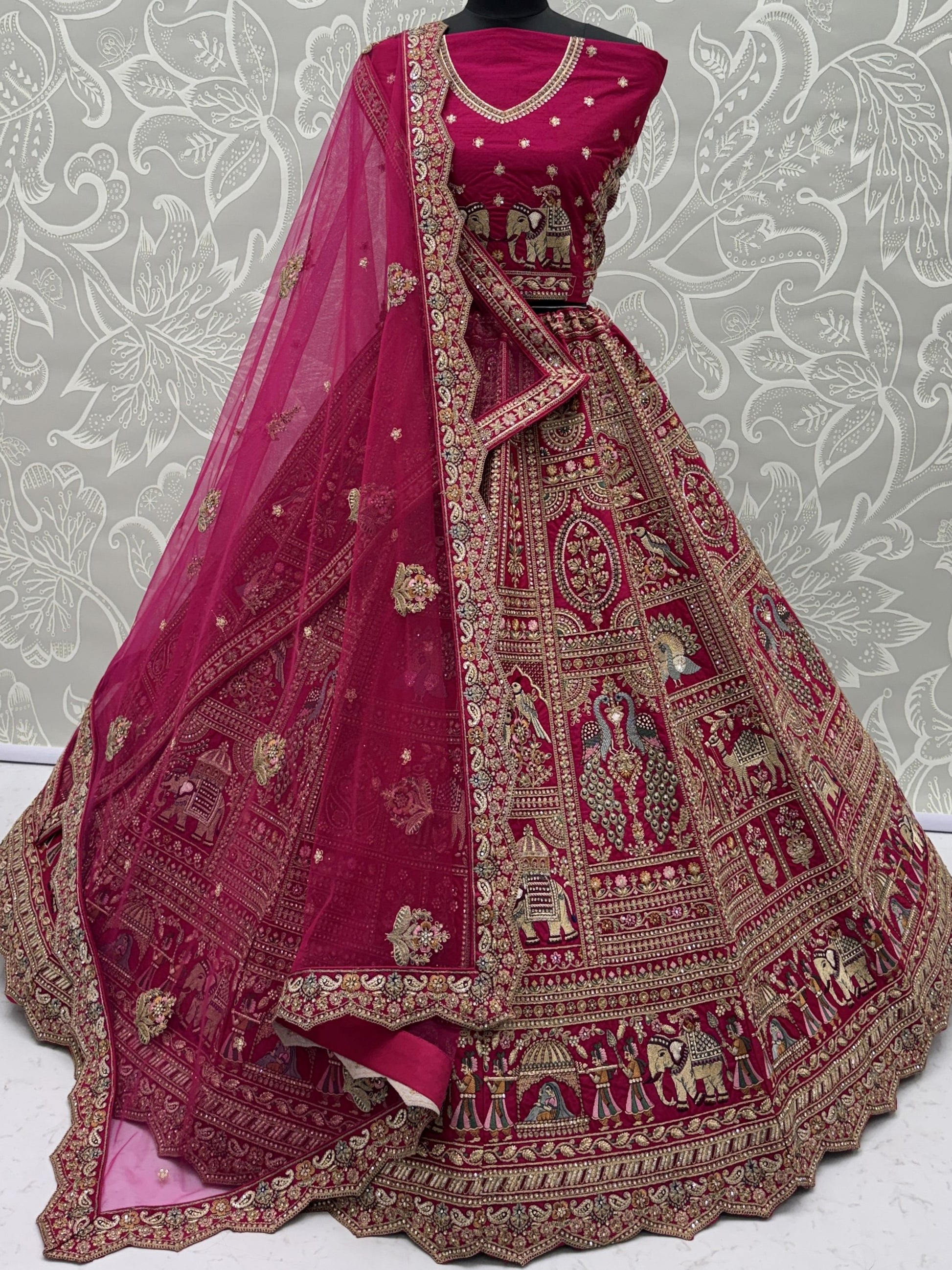 Rich Pink Heavy Embroidered Silk Bridal Lehenga Choli With Double Dupatta