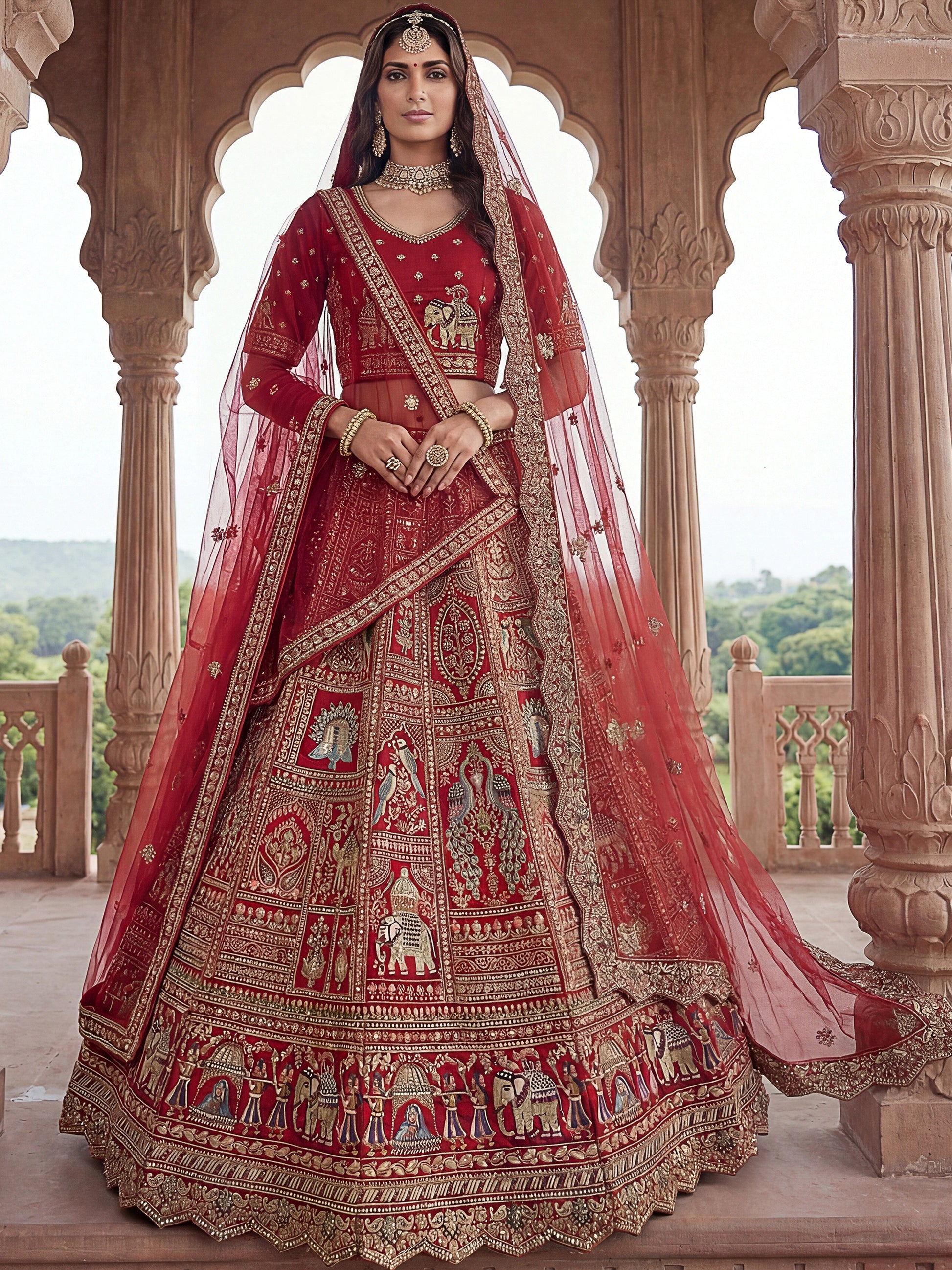 Royal Red Dori Embroidered Silk Bridal Lehenga Choli With Double Dupatta