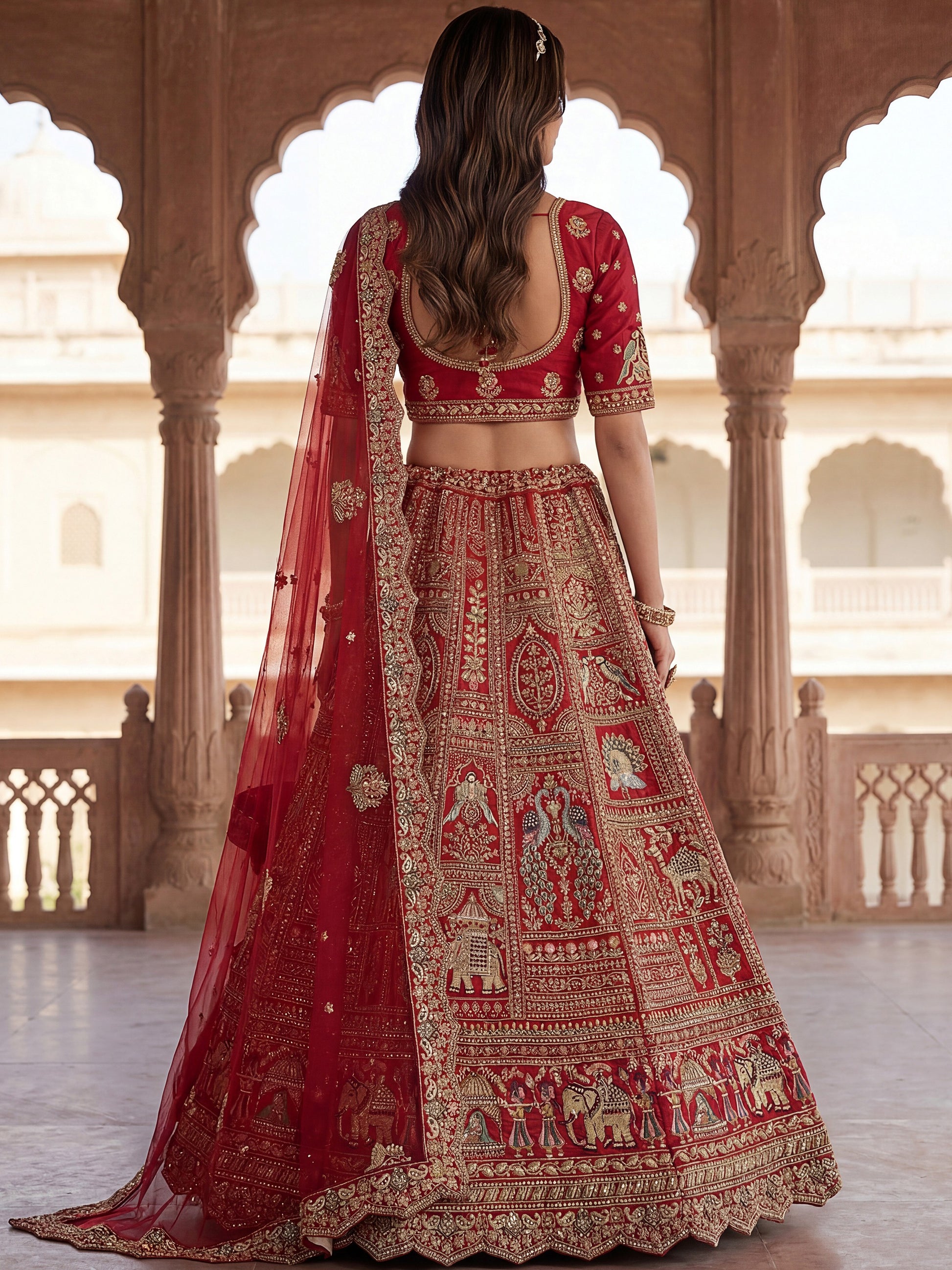 Royal Red Dori Embroidered Silk Bridal Lehenga Choli With Double Dupatta