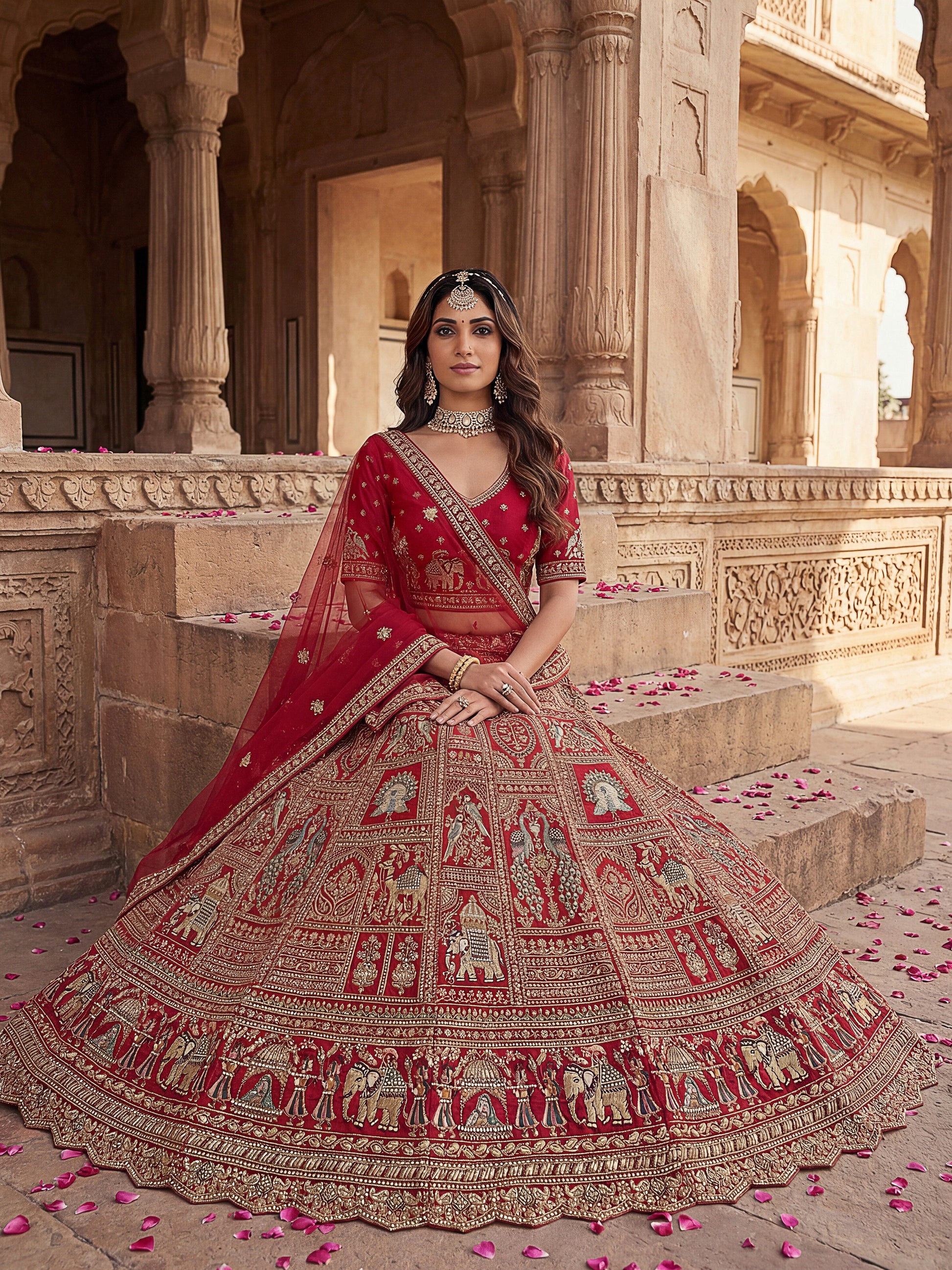 Royal Red Dori Embroidered Silk Bridal Lehenga Choli With Double Dupatta