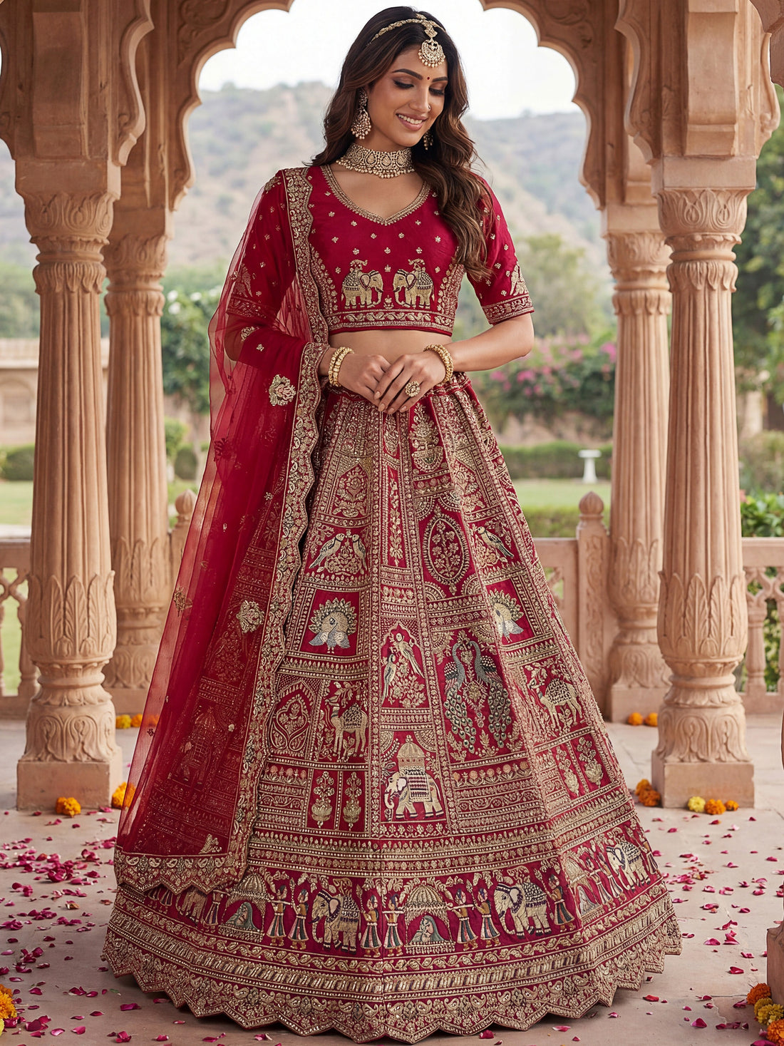 Royal Red Dori Embroidered Silk Bridal Lehenga Choli With Double Dupatta