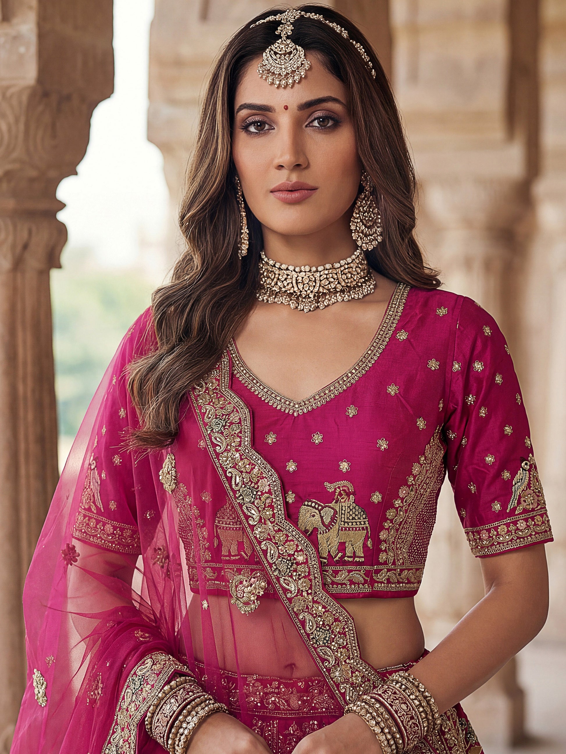 Rich Pink Heavy Embroidered Silk Bridal Lehenga Choli With Double Dupatta
