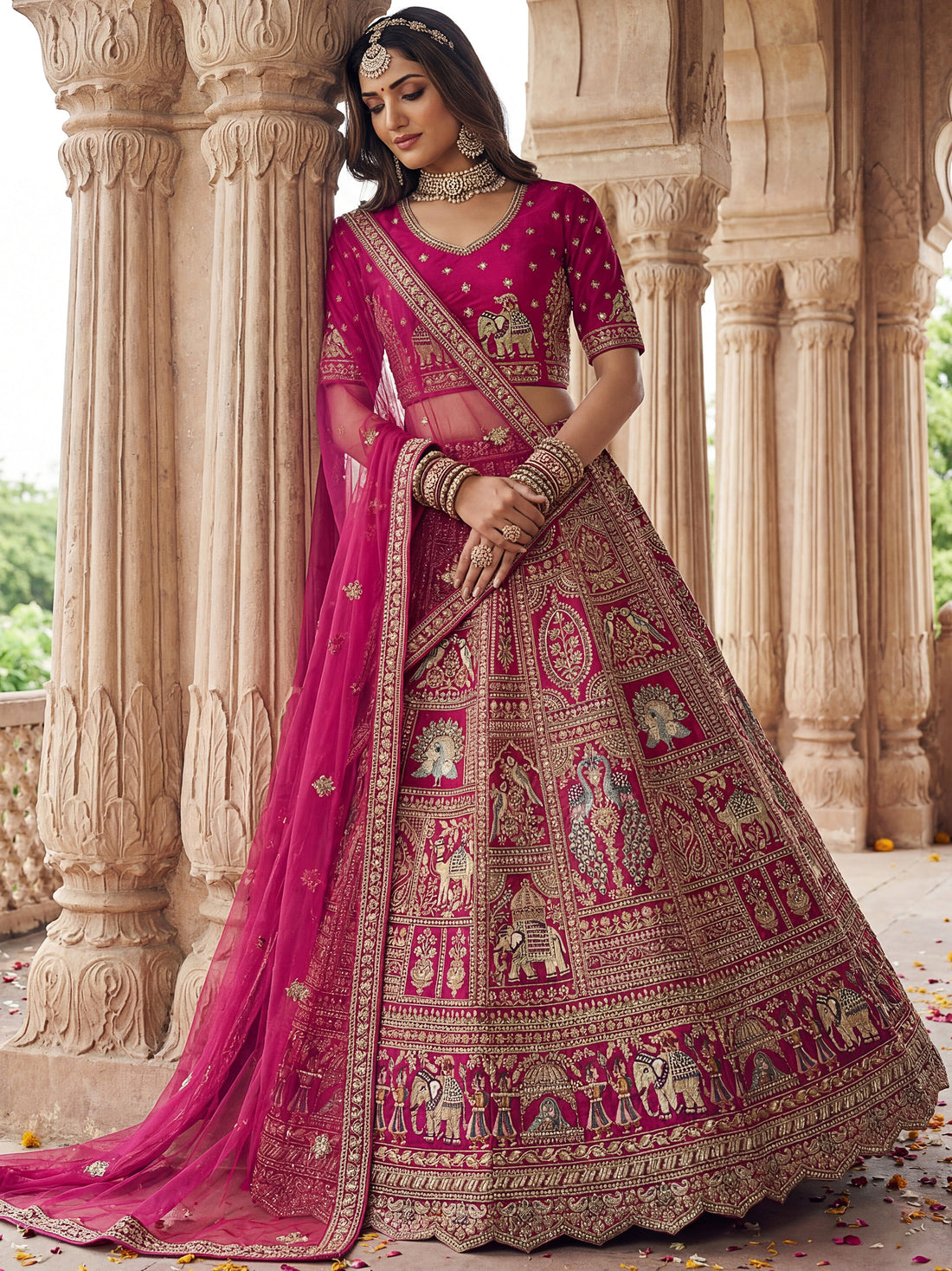 Rich Pink Heavy Embroidered Silk Bridal Lehenga Choli With Double Dupatta