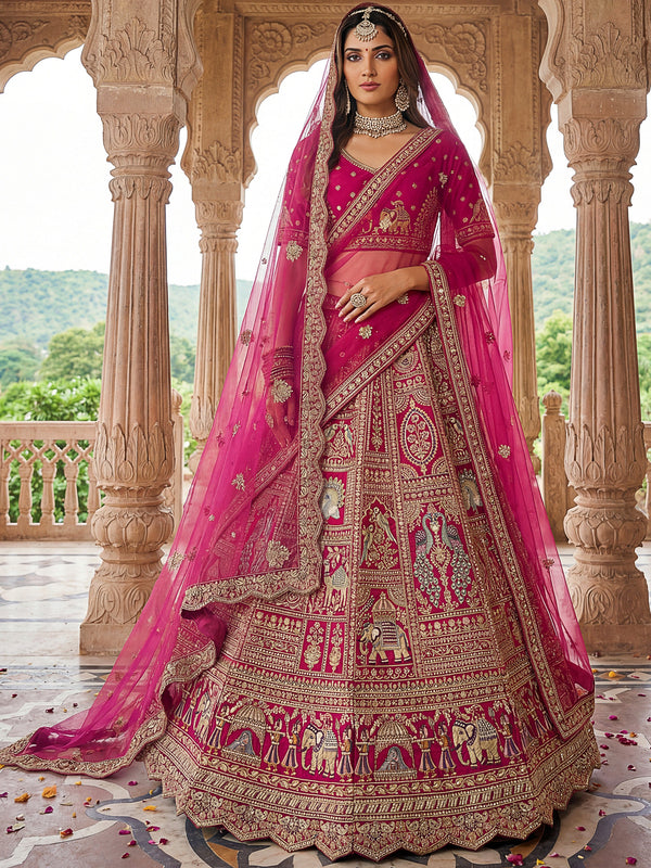 Rich Pink Heavy Embroidered Silk Bridal Lehenga Choli With Double Dupatta
