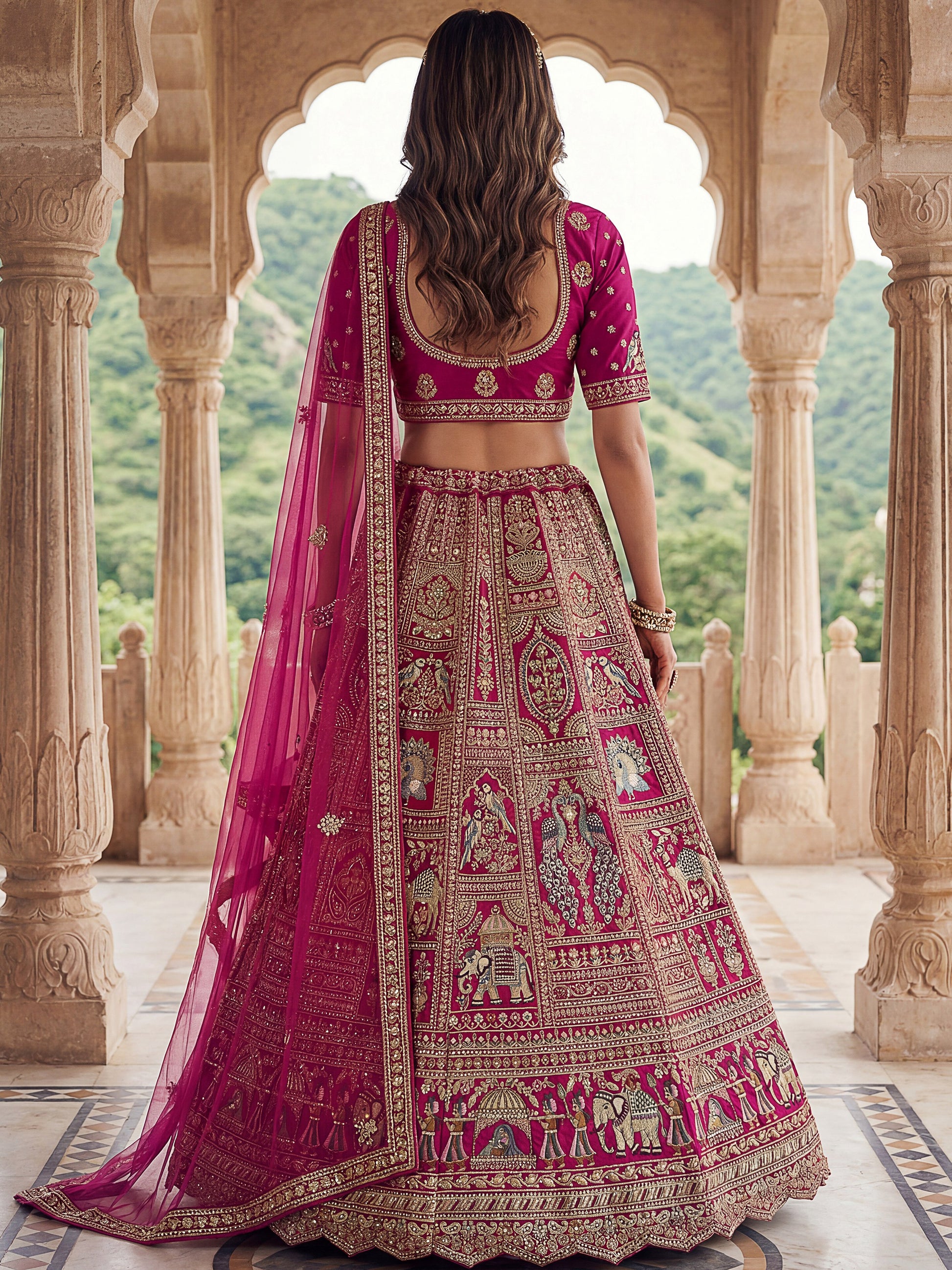 Rich Pink Heavy Embroidered Silk Bridal Lehenga Choli With Double Dupatta