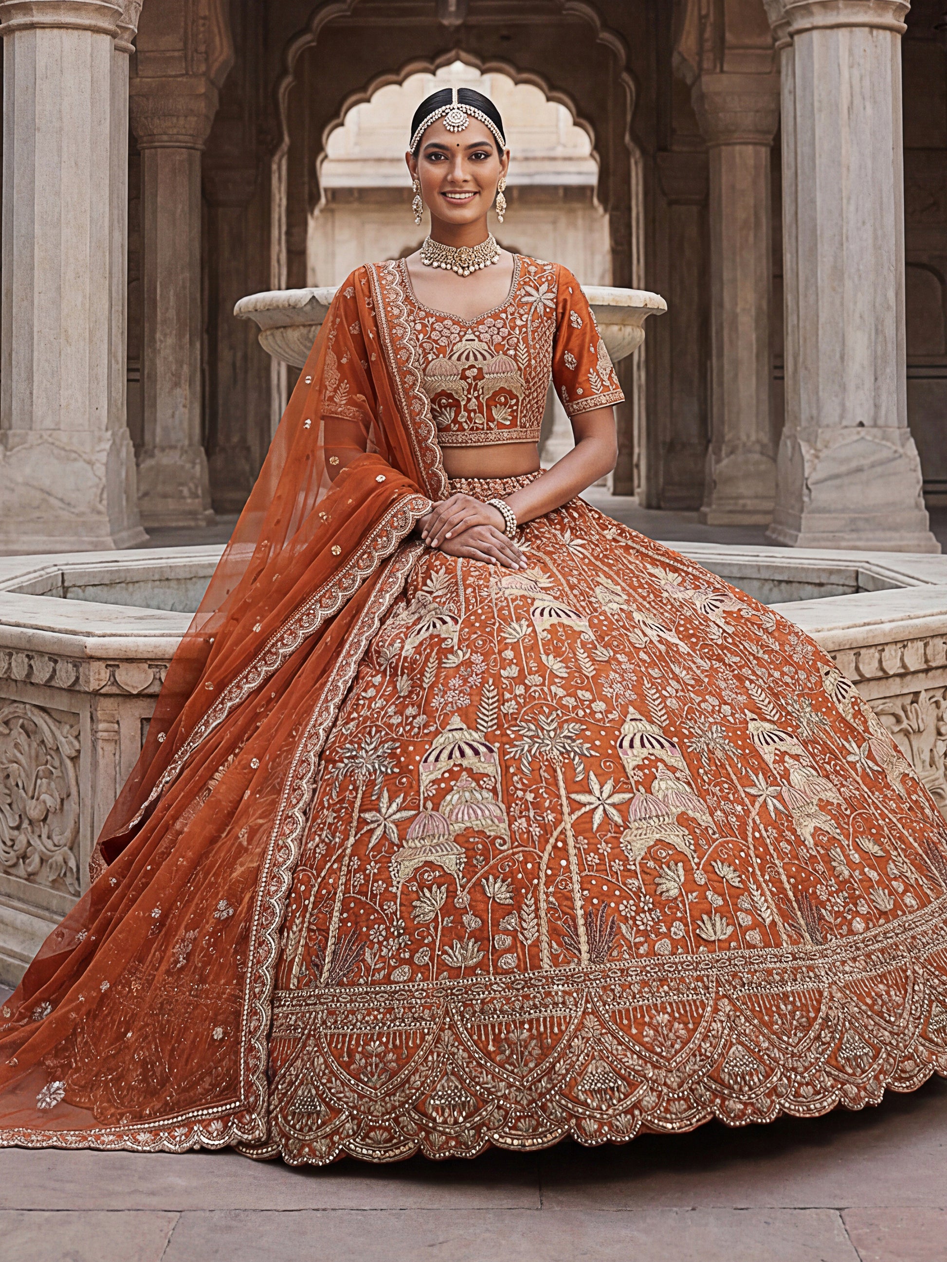 Gorgeous Orange Dori Work Silk Bridal Lehenga Choli With Double Dupatta