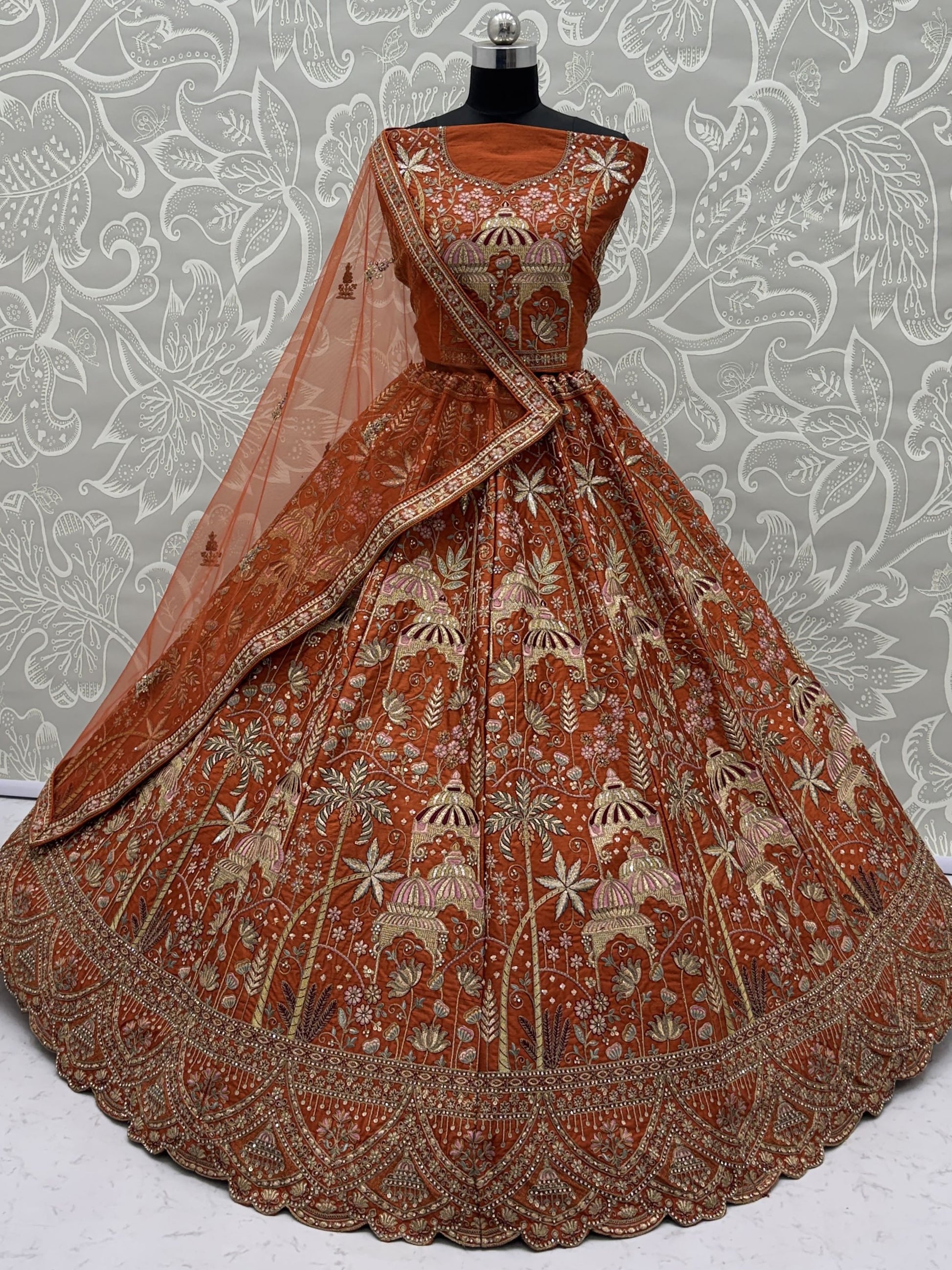 Gorgeous Orange Dori Work Silk Bridal Lehenga Choli With Double Dupatta