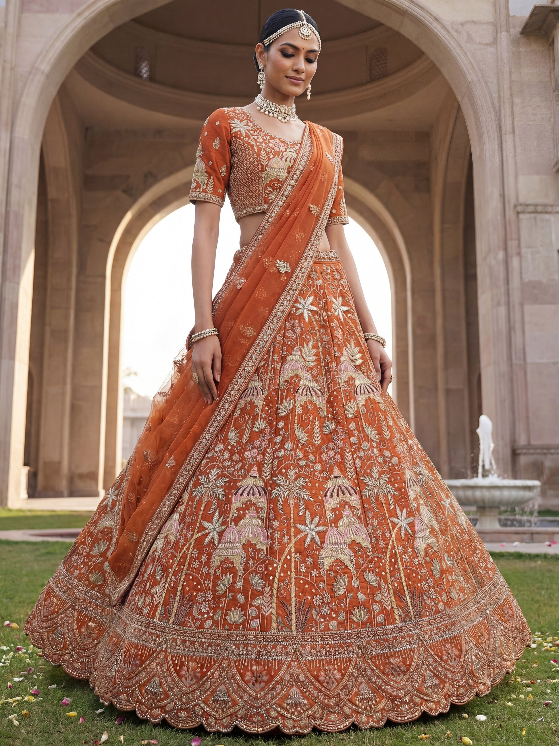 Gorgeous Orange Dori Work Silk Bridal Lehenga Choli With Double Dupatta
