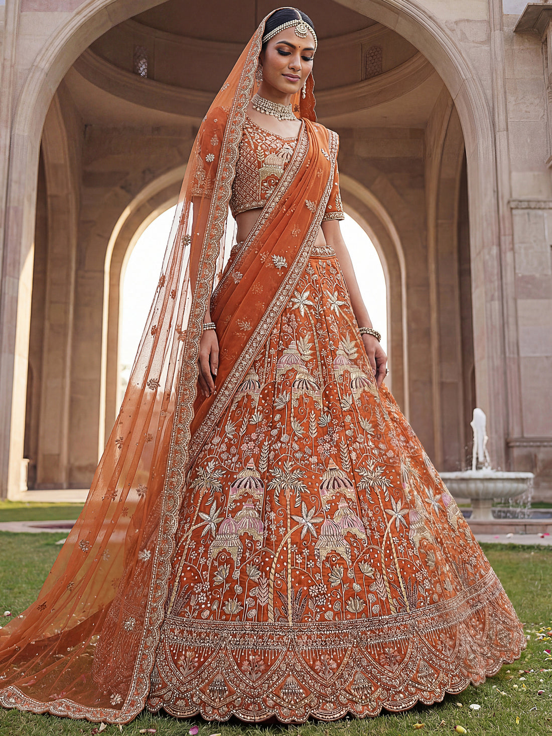 Gorgeous Orange Dori Work Silk Bridal Lehenga Choli With Double Dupatta