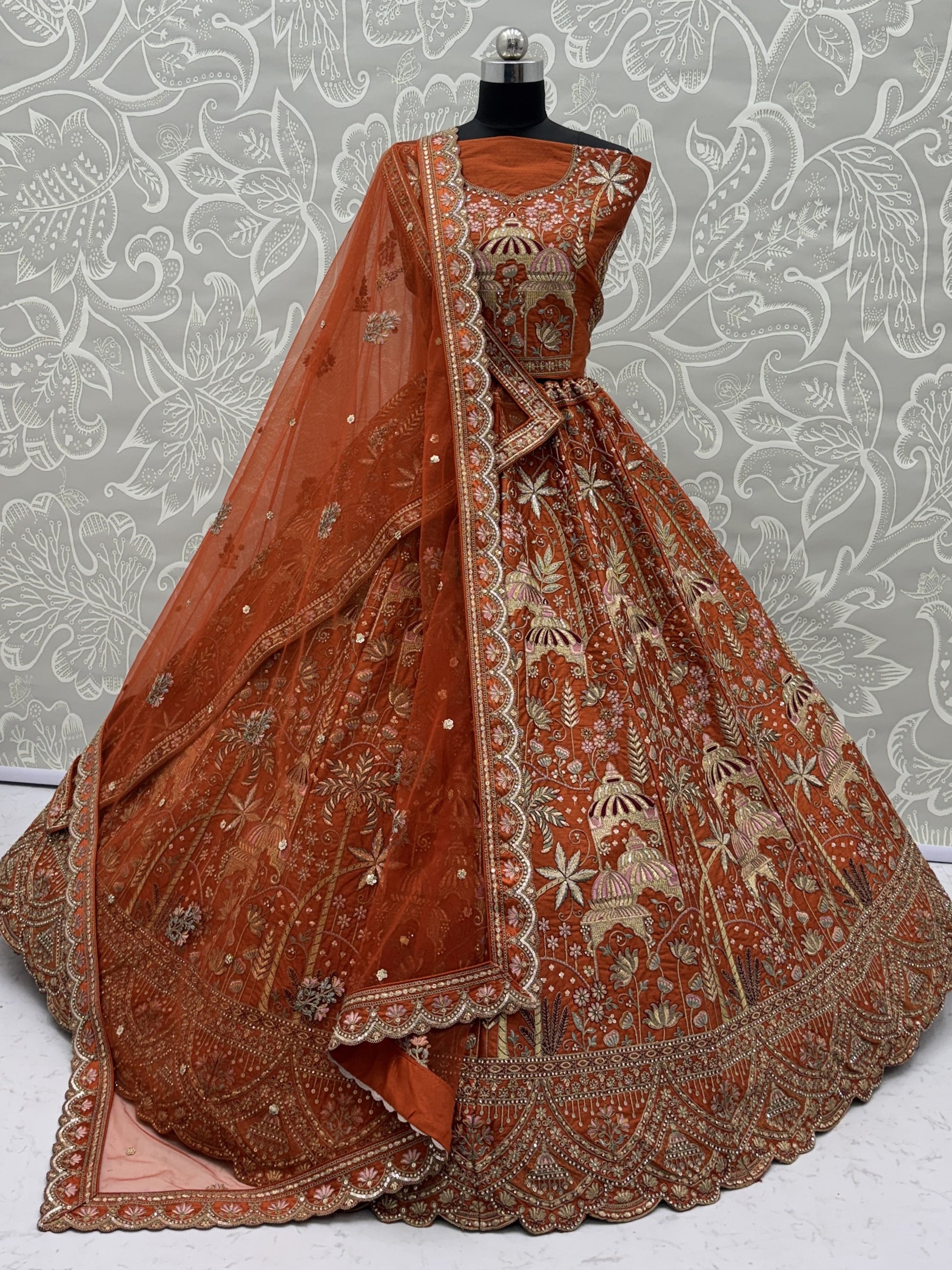 Gorgeous Orange Dori Work Silk Bridal Lehenga Choli With Double Dupatta