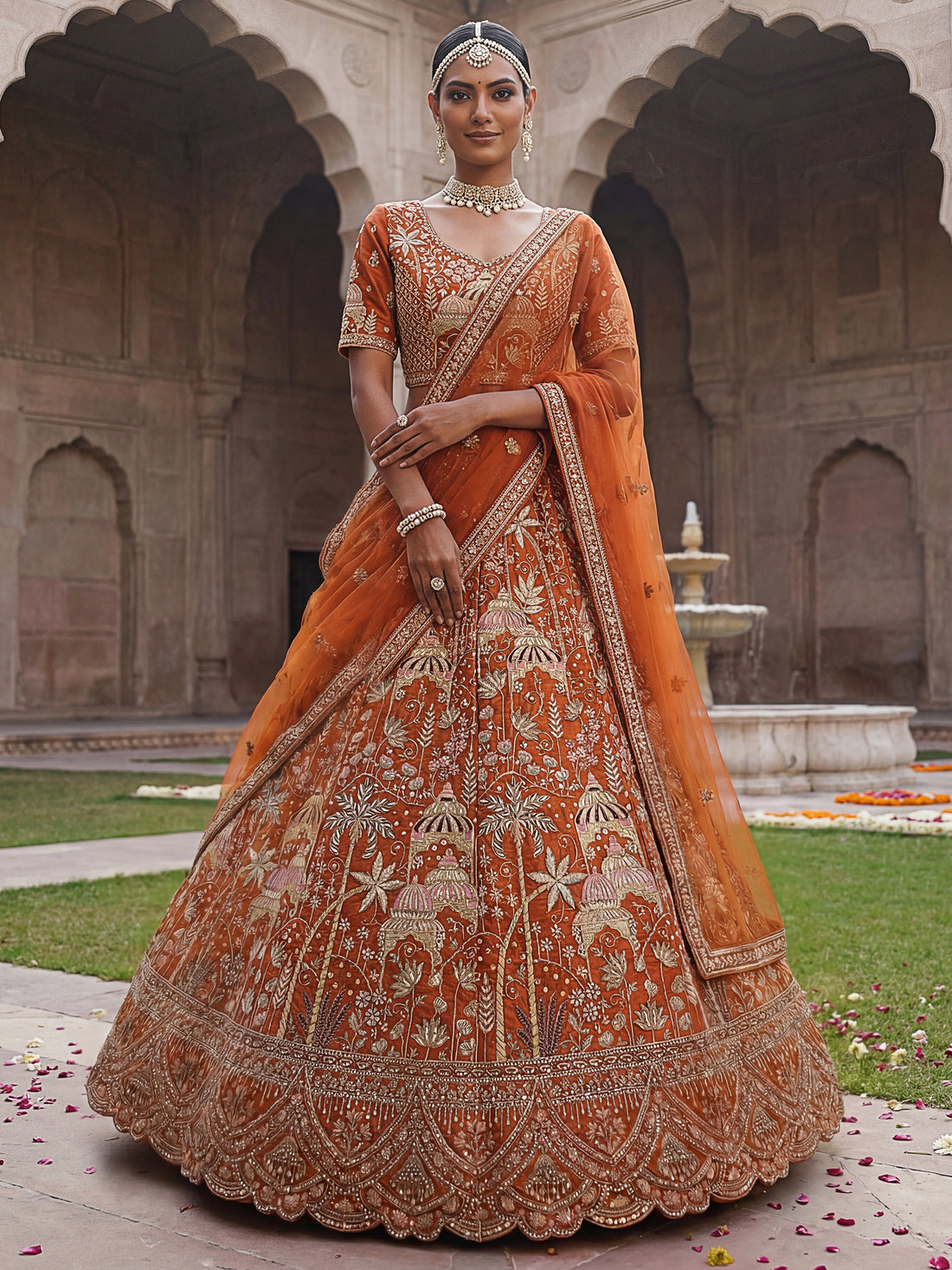 Gorgeous Orange Dori Work Silk Bridal Lehenga Choli With Double Dupatta