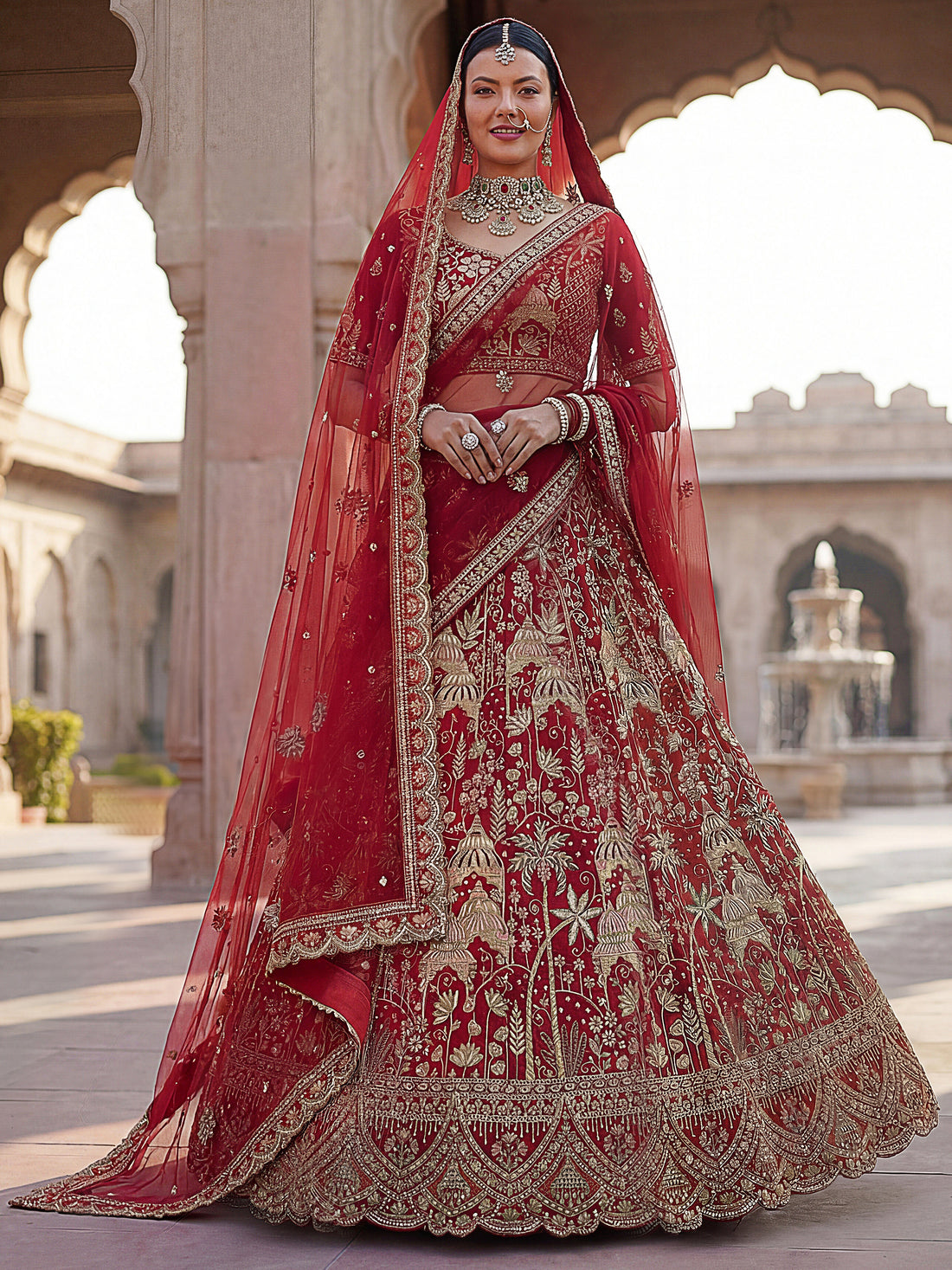 Lovely Red Sequins Silk Bridal Wear Lehenga Choli With Double Dupatta
