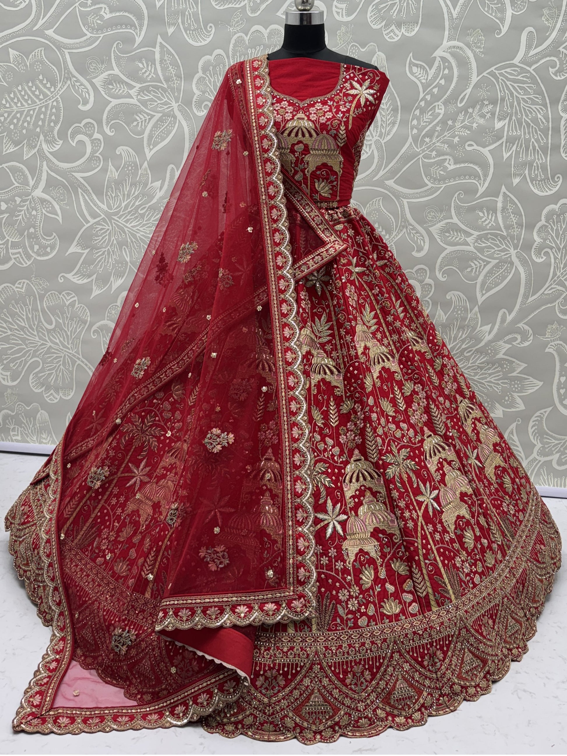 Lovely Red Sequins Silk Bridal Wear Lehenga Choli With Double Dupatta