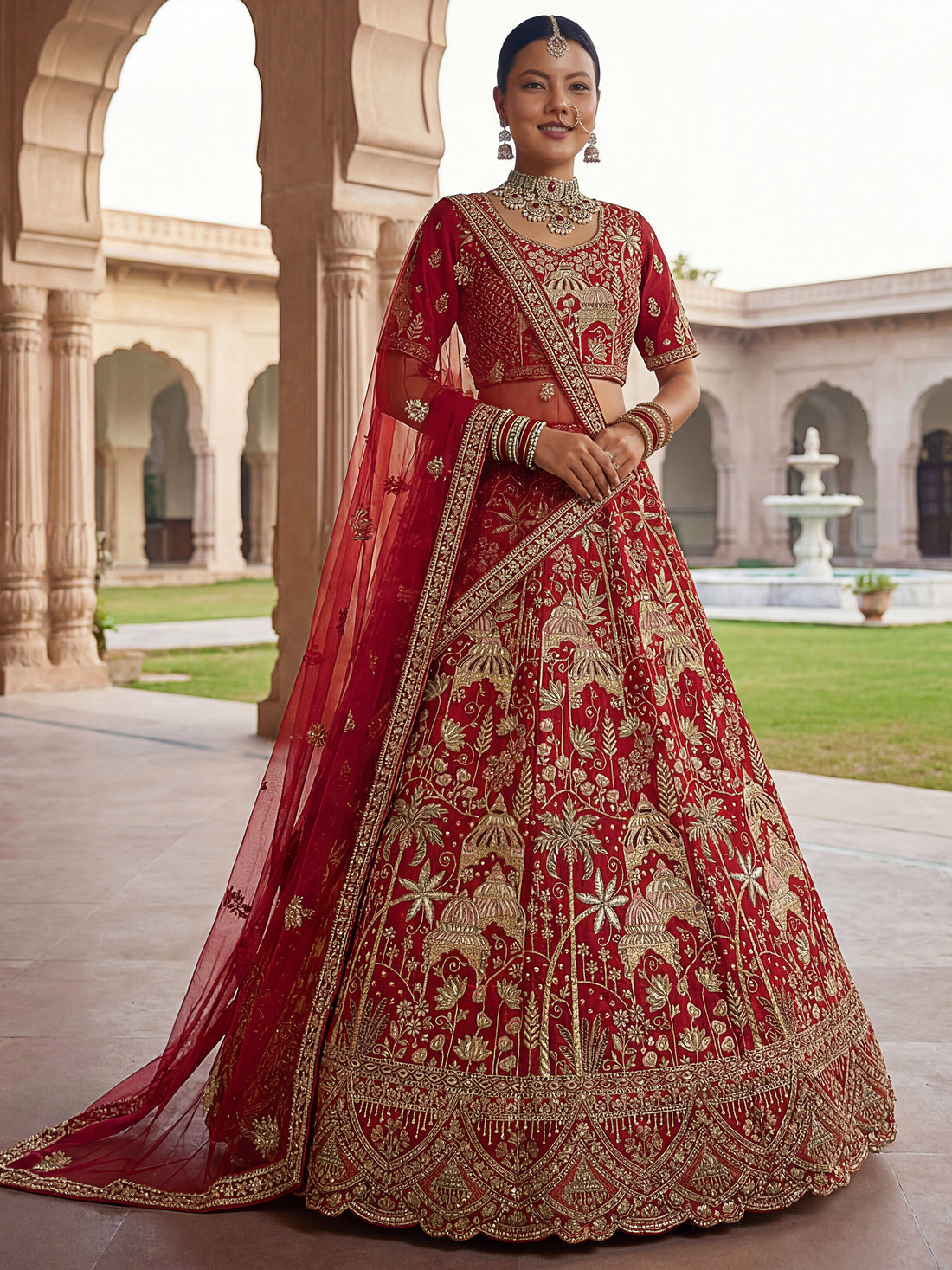Lovely Red Sequins Silk Bridal Wear Lehenga Choli With Double Dupatta