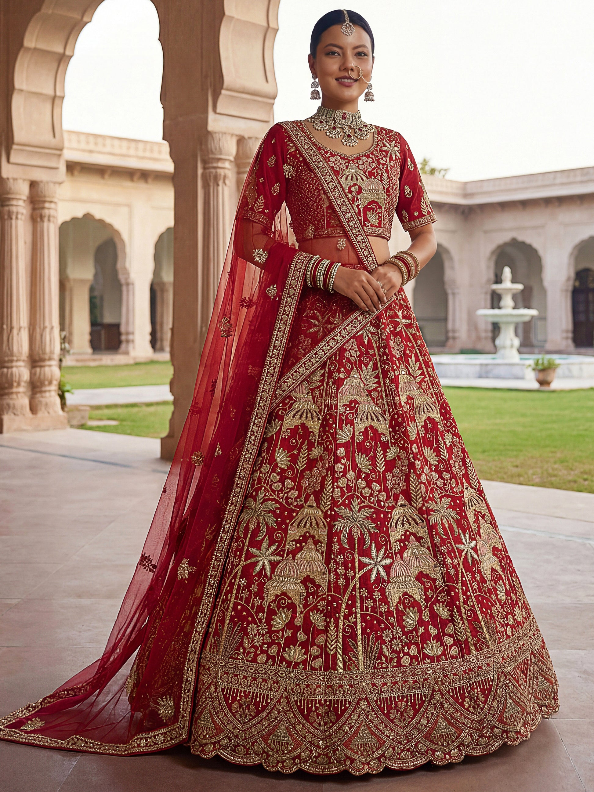 Lovely Red Sequins Silk Bridal Wear Lehenga Choli With Double Dupatta