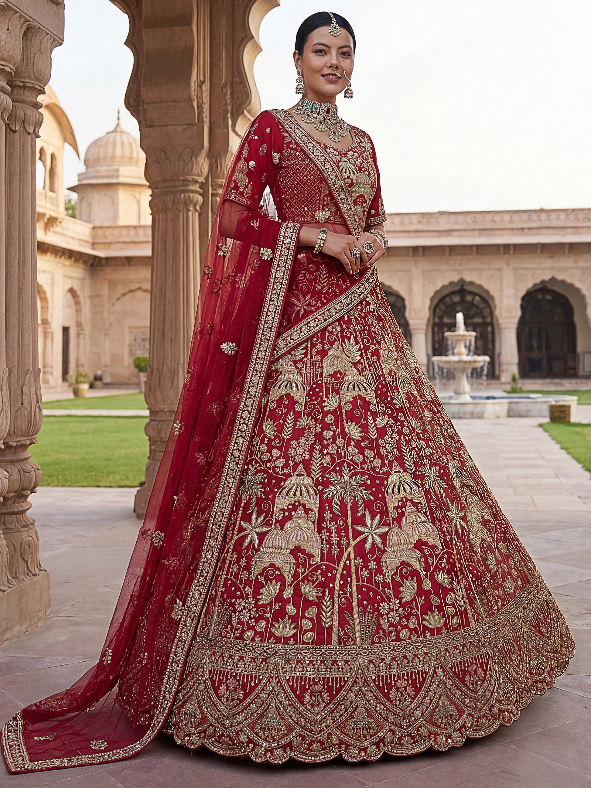 Lovely Red Sequins Silk Bridal Wear Lehenga Choli With Double Dupatta