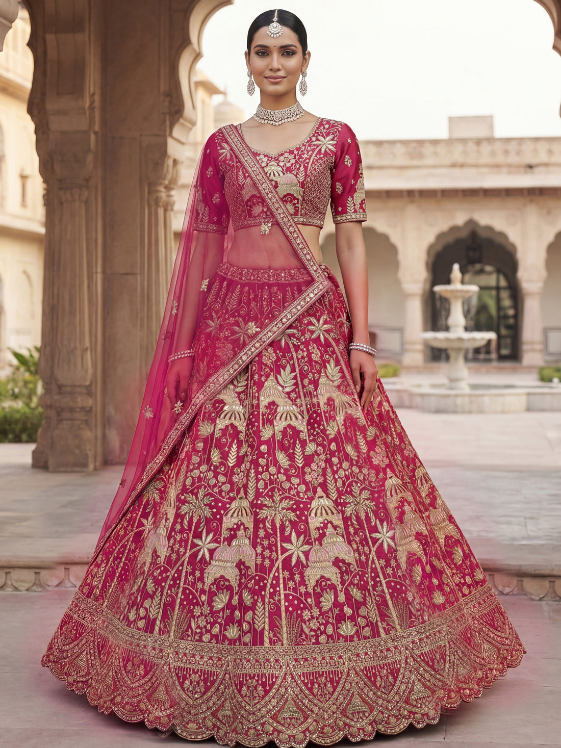 Precious Pink Zari Work Silk Bridal Wear Lehenga Choli With Double Dupatta
