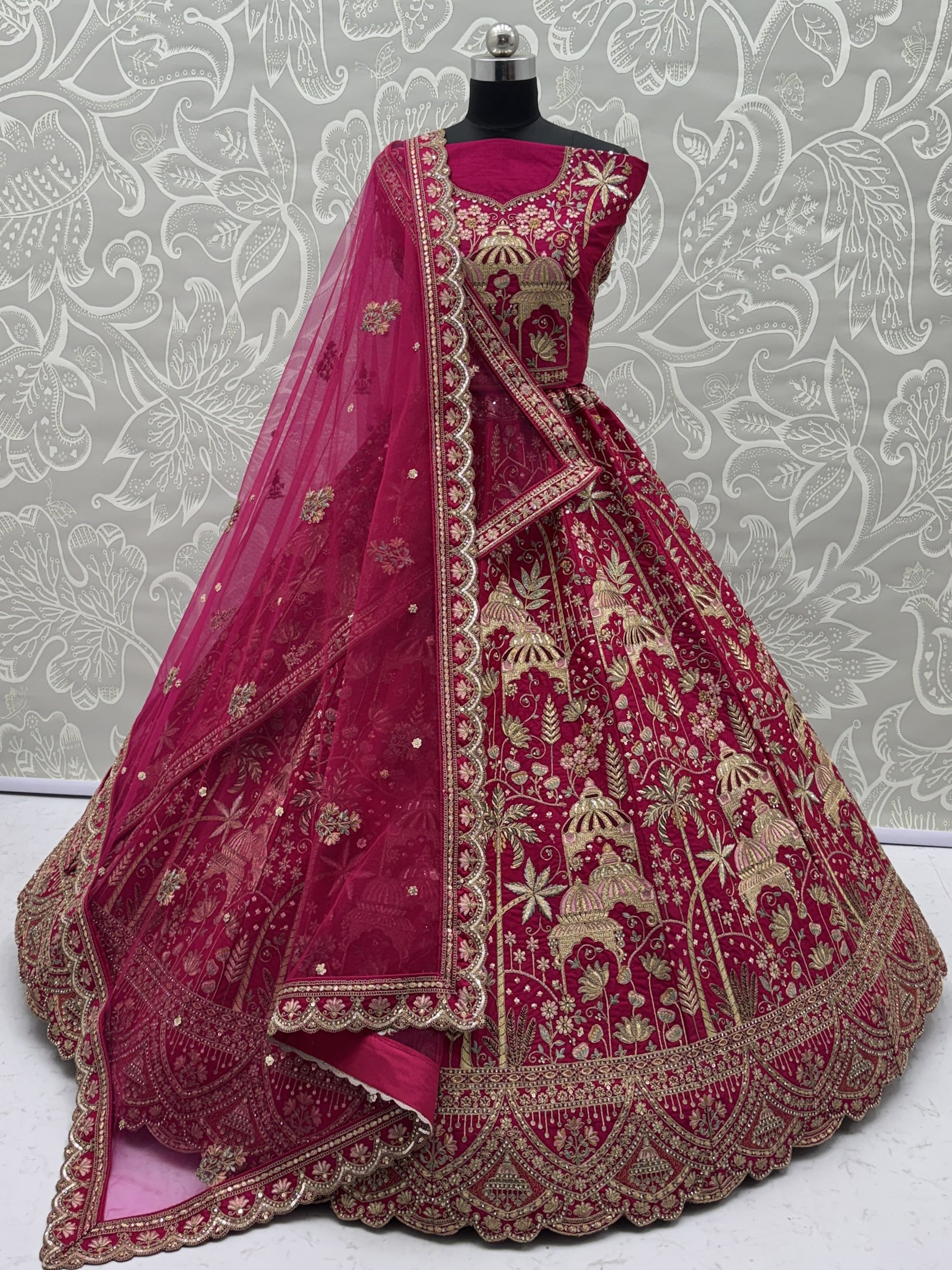 Precious Pink Zari Work Silk Bridal Wear Lehenga Choli With Double Dupatta