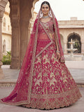 Precious Pink Zari Work Silk Bridal Wear Lehenga Choli With Double Dupatta