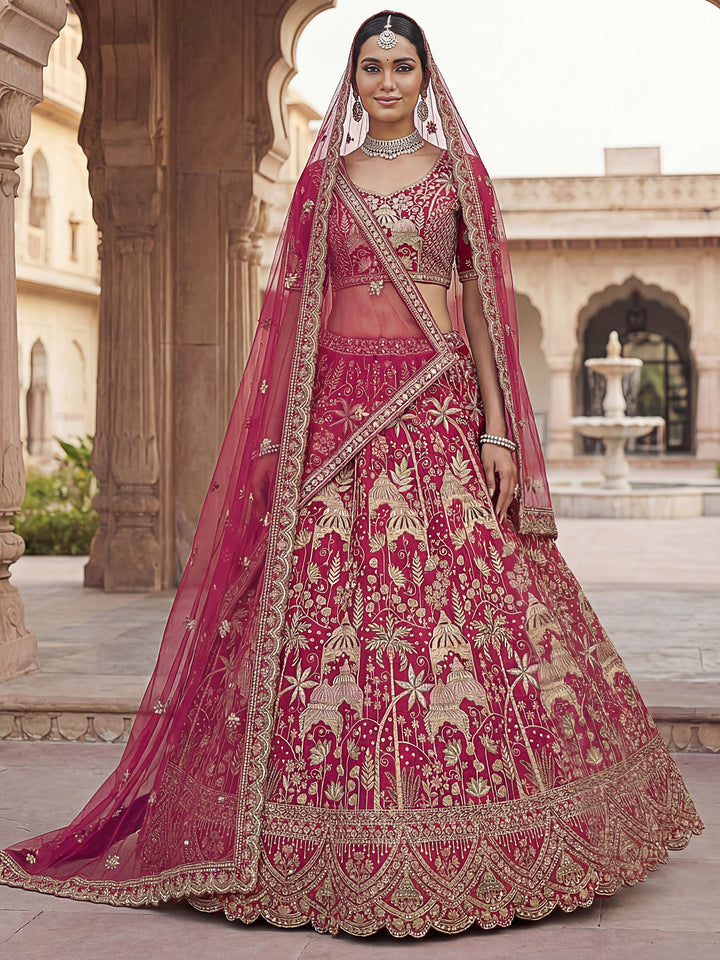 Precious Pink Zari Work Silk Bridal Wear Lehenga Choli With Double Dupatta