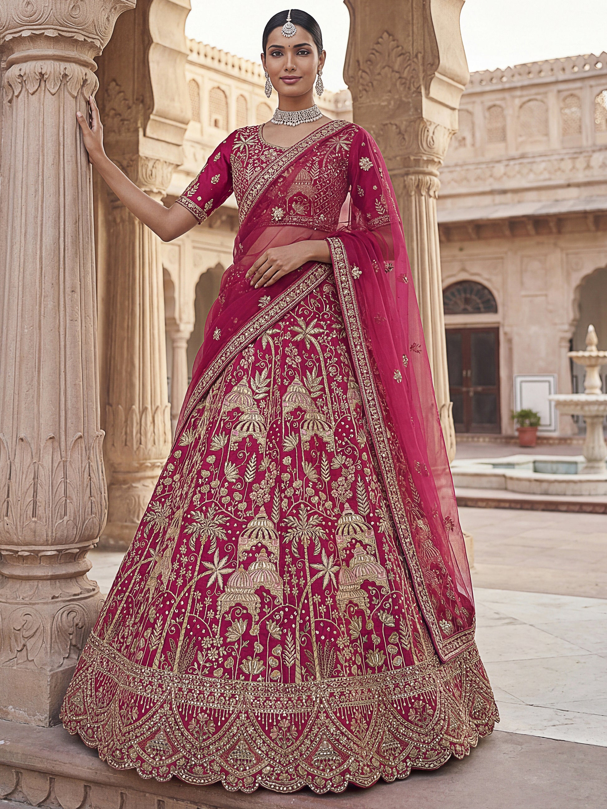 Precious Pink Zari Work Silk Bridal Wear Lehenga Choli With Double Dupatta
