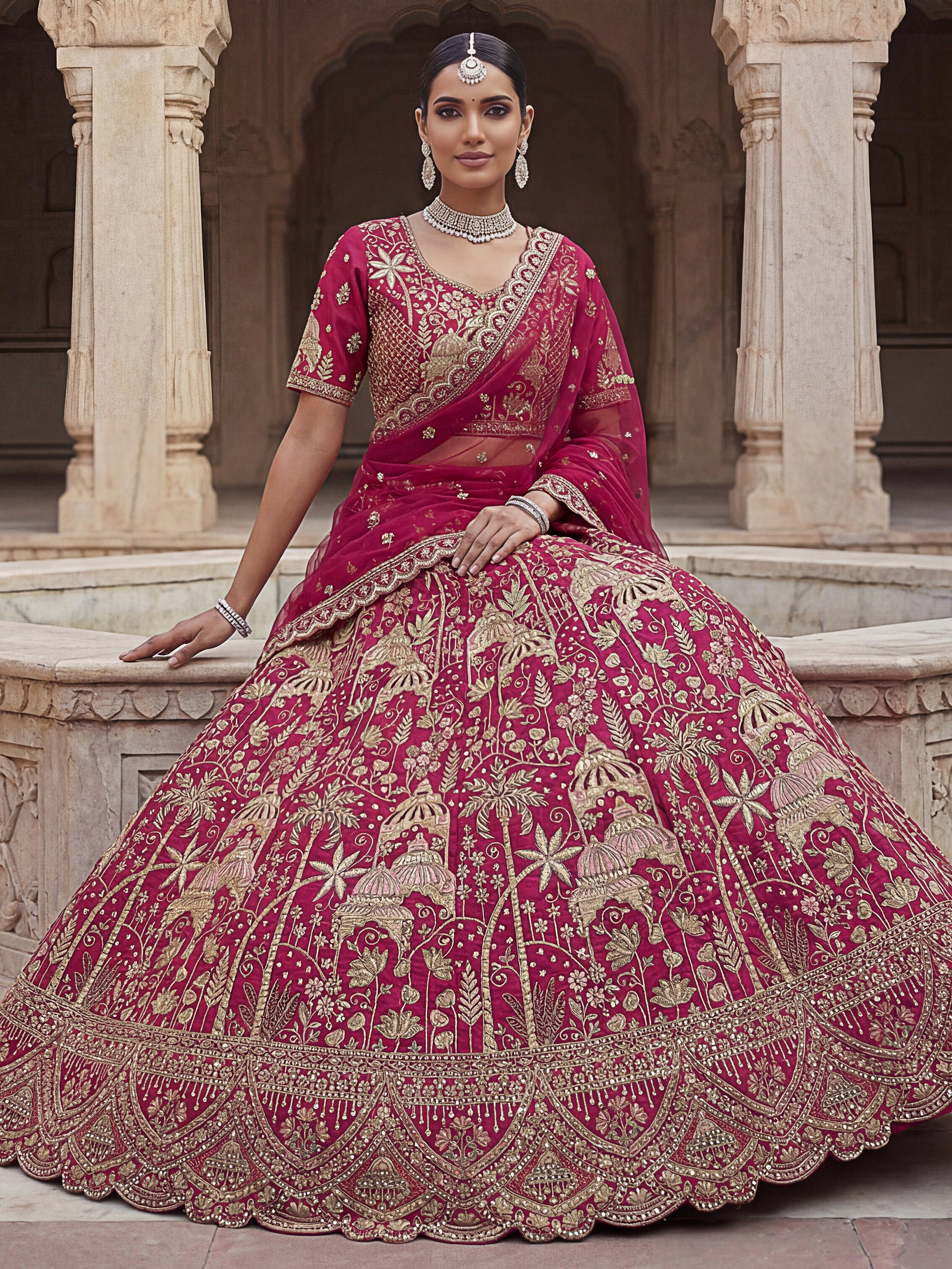 Precious Pink Zari Work Silk Bridal Wear Lehenga Choli With Double Dupatta