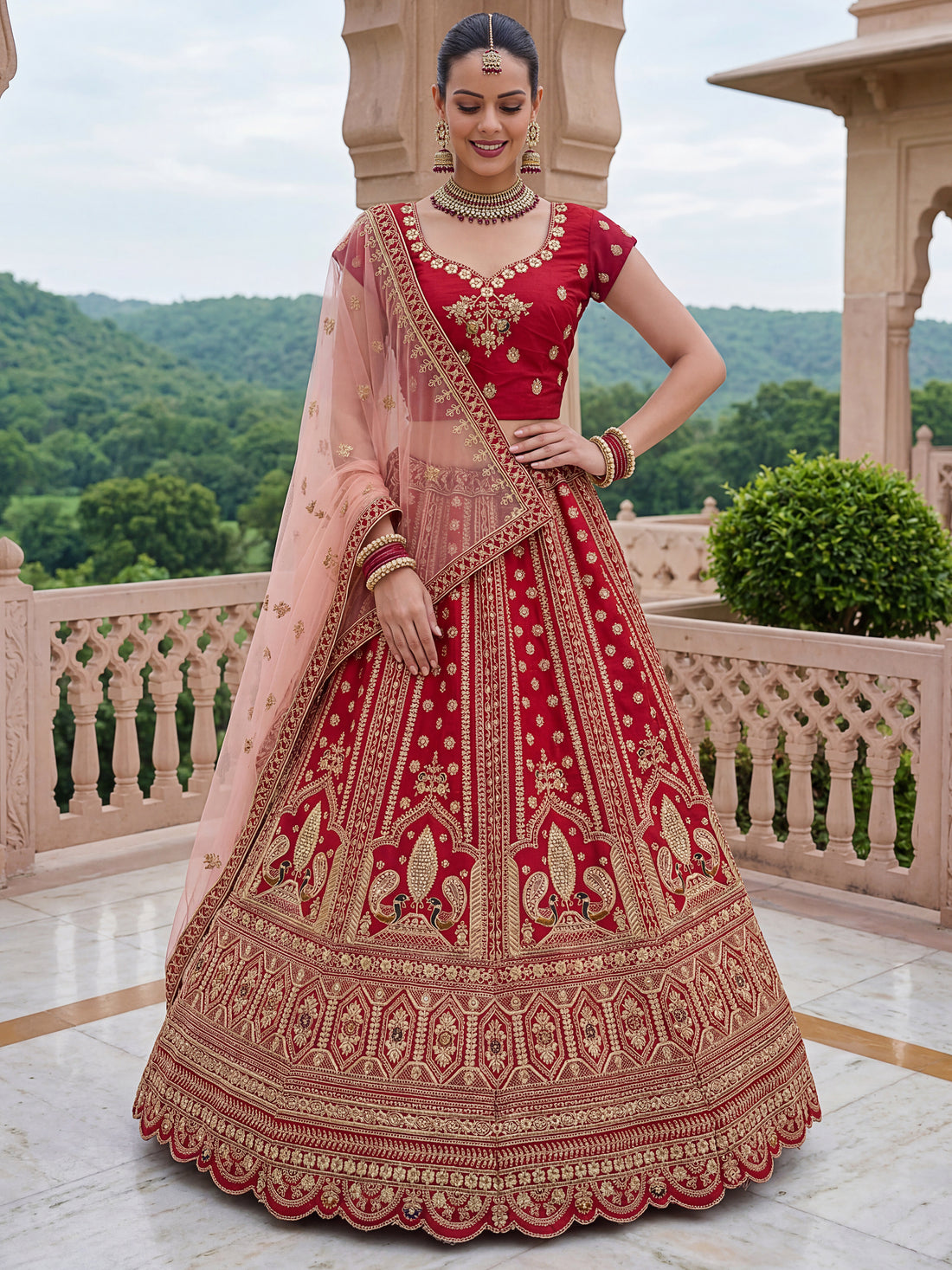 Gorgeous Red Multi-Thread Work Silk Bridal Lehenga Choli With Double Dupatta