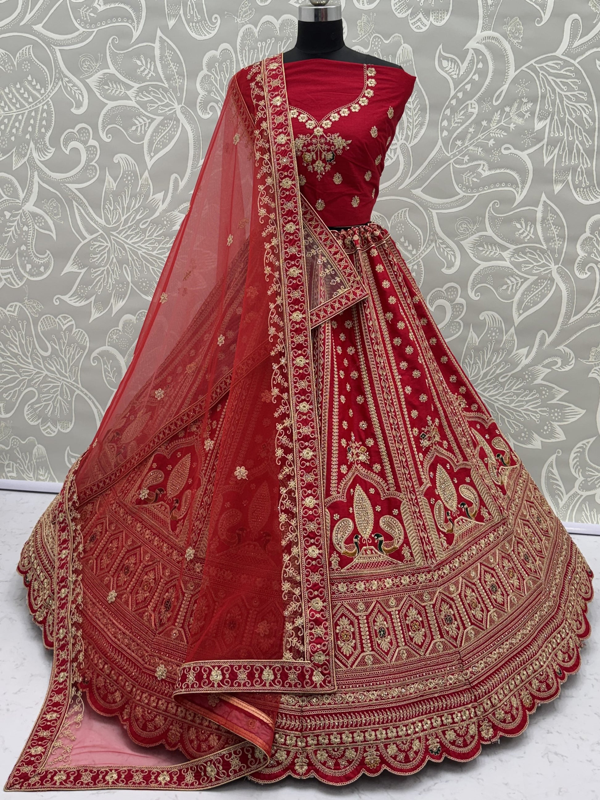 Gorgeous Red Multi-Thread Work Silk Bridal Lehenga Choli With Double Dupatta