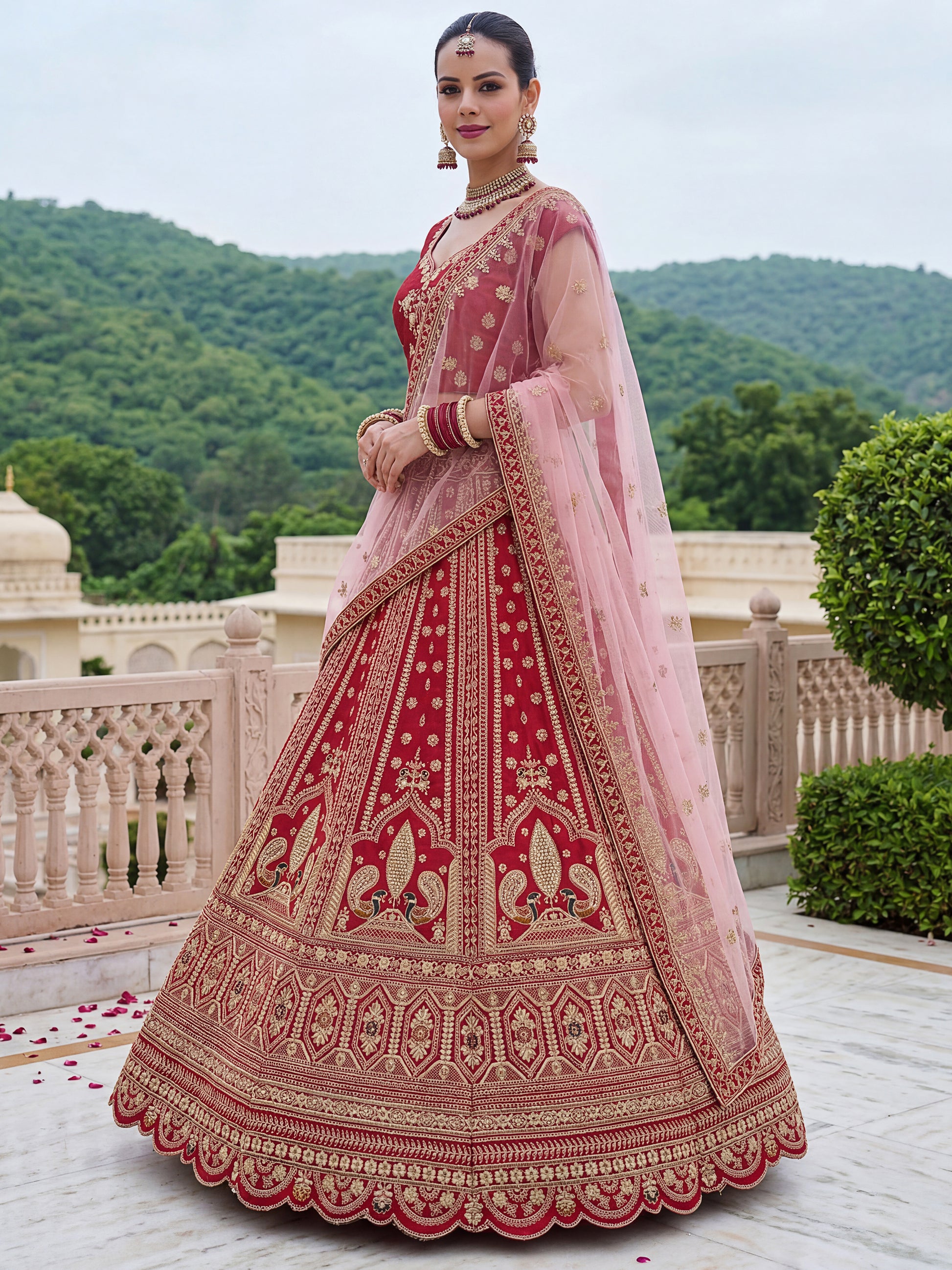 Gorgeous Red Multi-Thread Work Silk Bridal Lehenga Choli With Double Dupatta