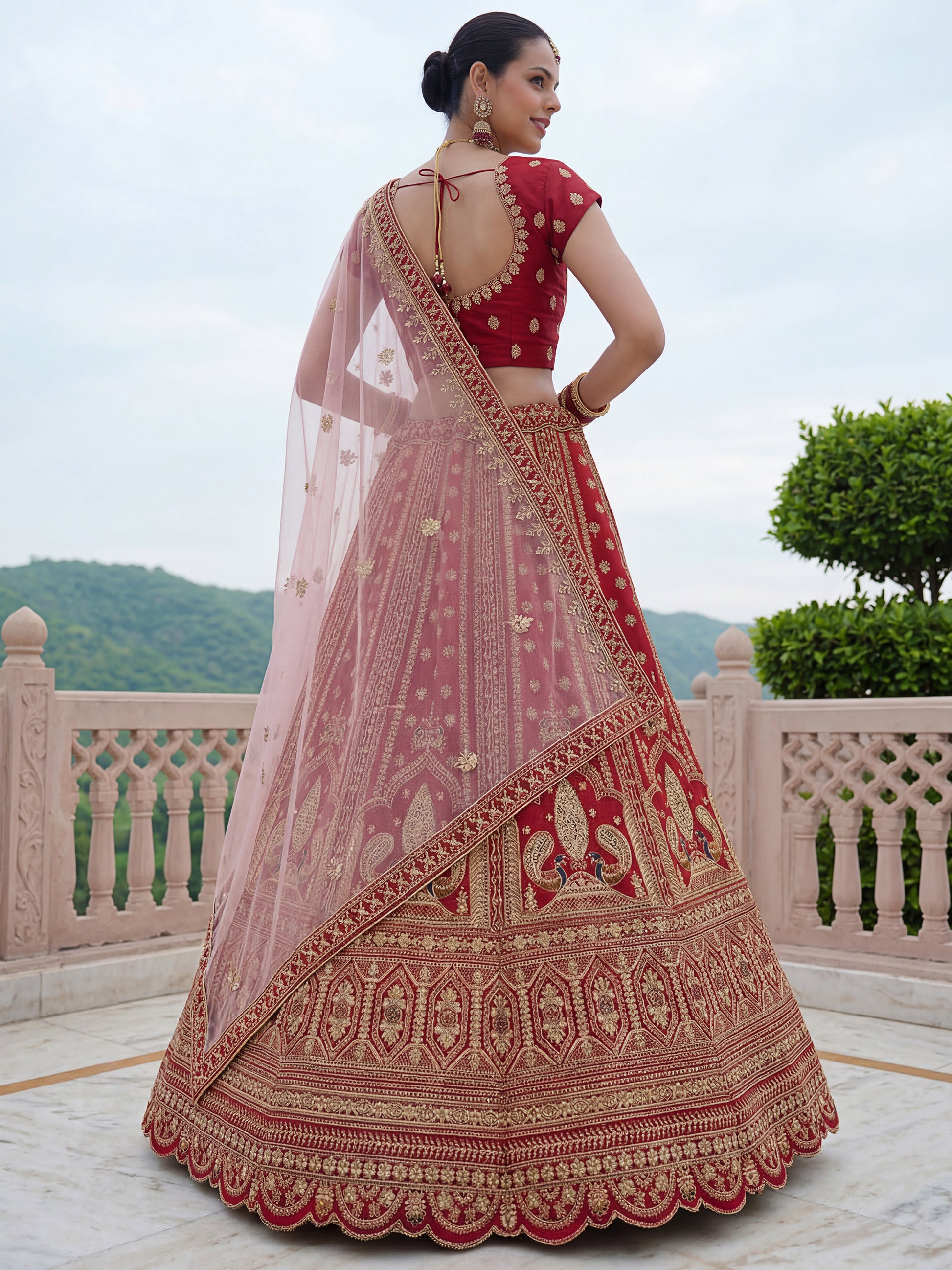 Gorgeous Red Multi-Thread Work Silk Bridal Lehenga Choli With Double Dupatta